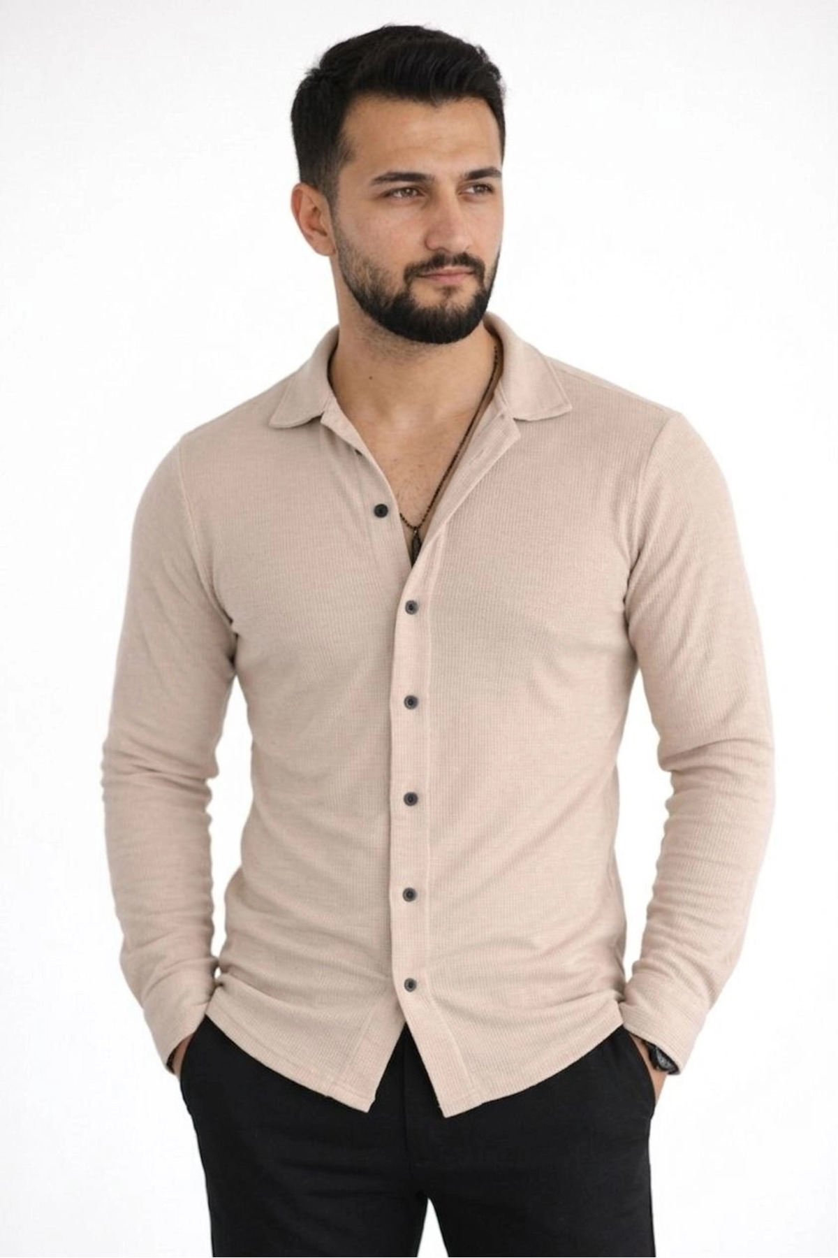 pilelistore Erkek Waffle Kumaş Uzun Kollu Düğmeli Açık Yaka Regular Fit Gömlek - Bej fotoğrafı 2 (önizleme)