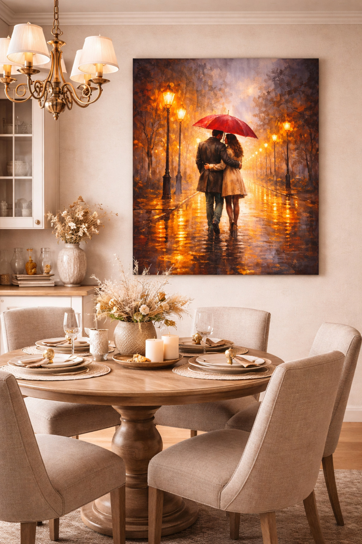 Lona Sanat Romantik Yağmurlu Aşk Tablosu – Kırmızı Şemsiye Altında