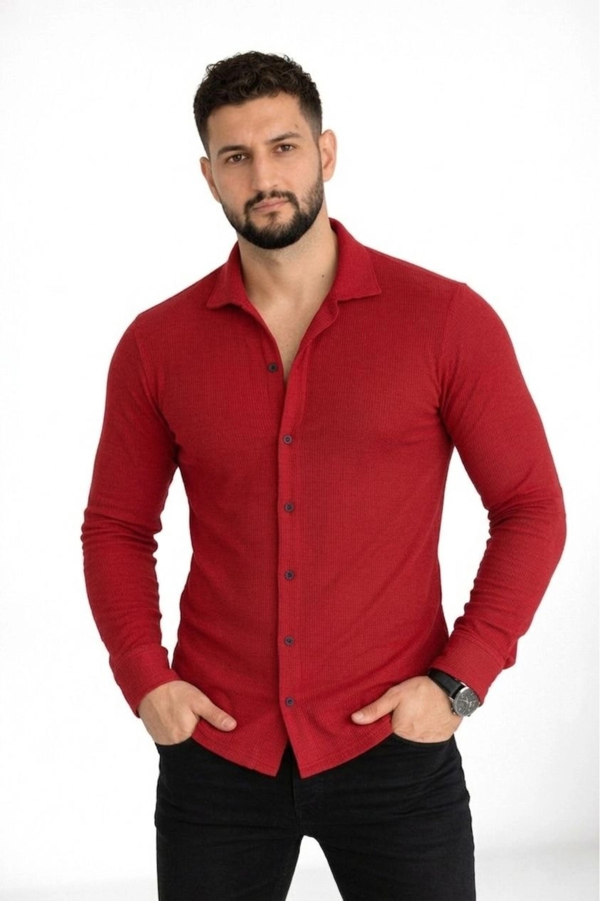 pilelistore Erkek Waffle Kumaş Uzun Kollu Düğmeli Açık Yaka Regular Fit Gömlek - Kırmızı fotoğrafı 4 (önizleme)
