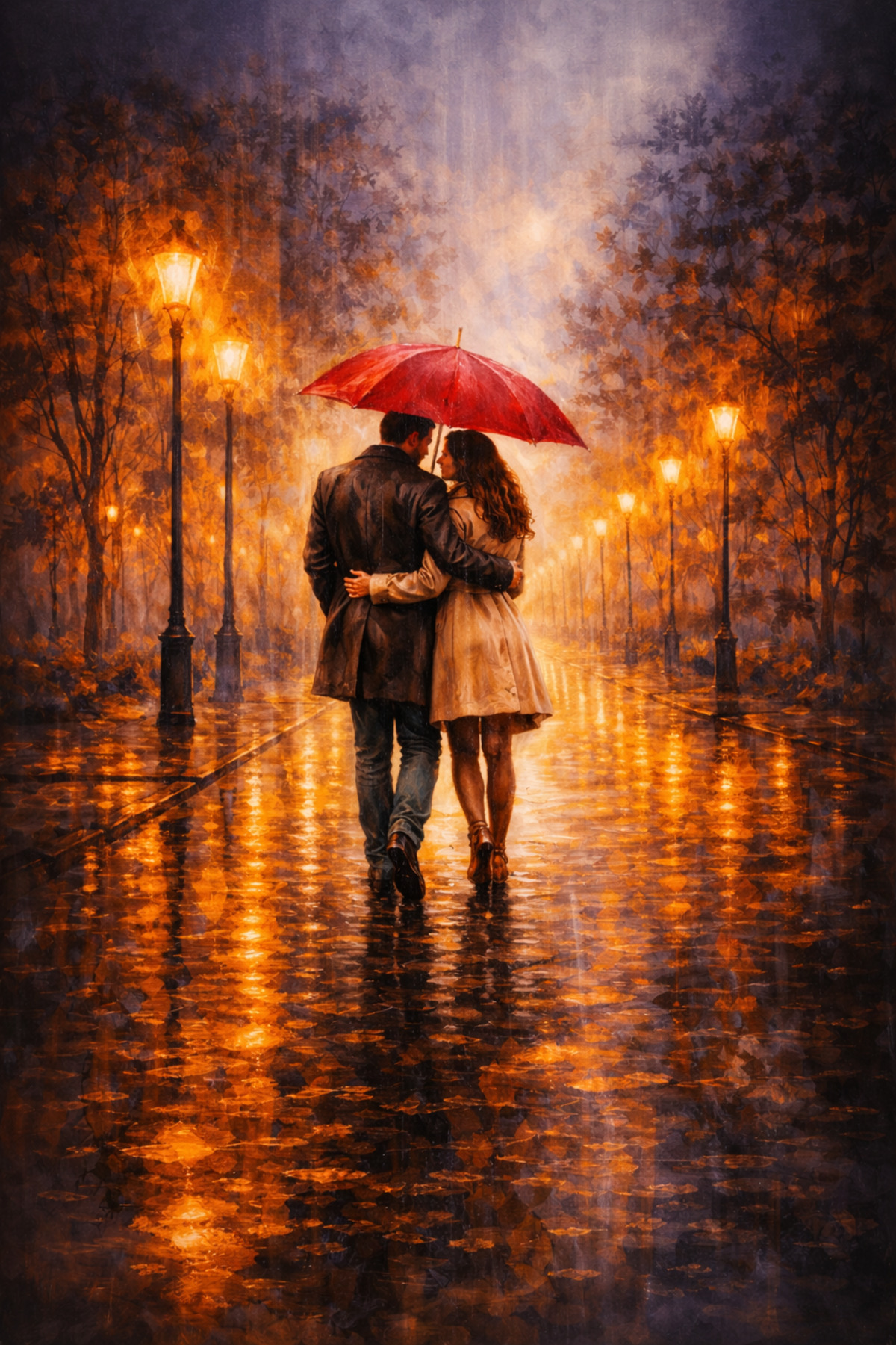 Lona Sanat Romantik Yağmurlu Aşk Tablosu – Kırmızı Şemsiye Altında