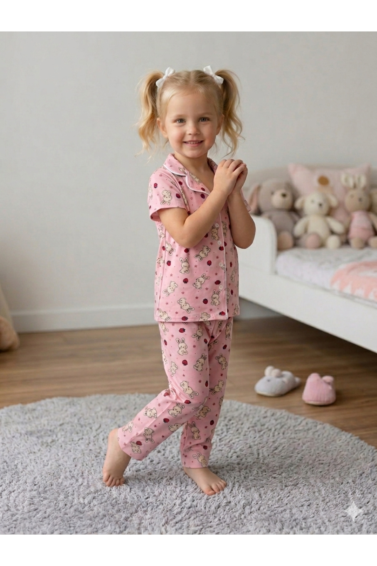 SERRASTIL Kız Çocuk Tavşan Desenli Pembe Renk Pamuklu Kısa Kollu Pijama Takımı fotoğrafı 2 (önizleme)