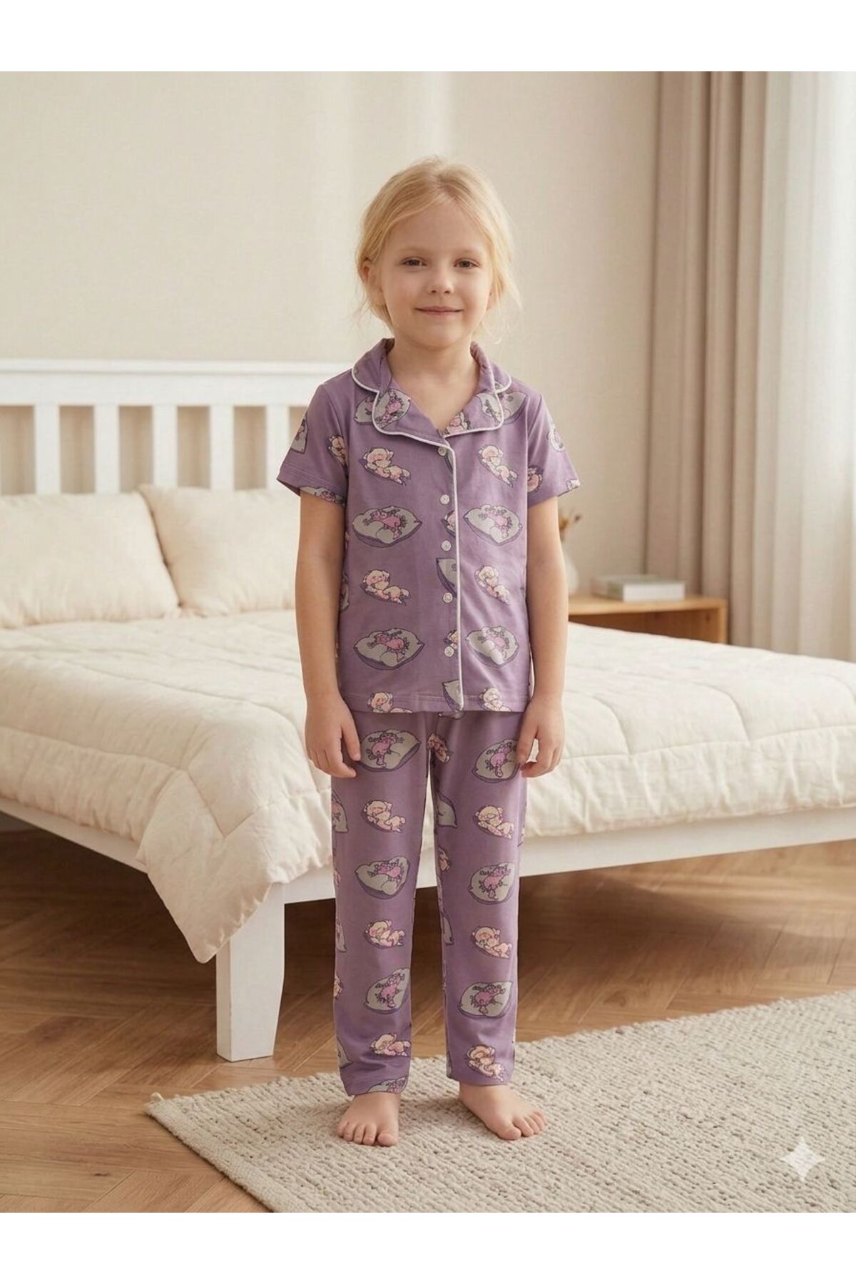 SERRASTIL Kız Çocuk Kedi Desenli Mor Renk Pamuklu Kısa Kollu Pijama Takımı fotoğrafı 3 (önizleme)