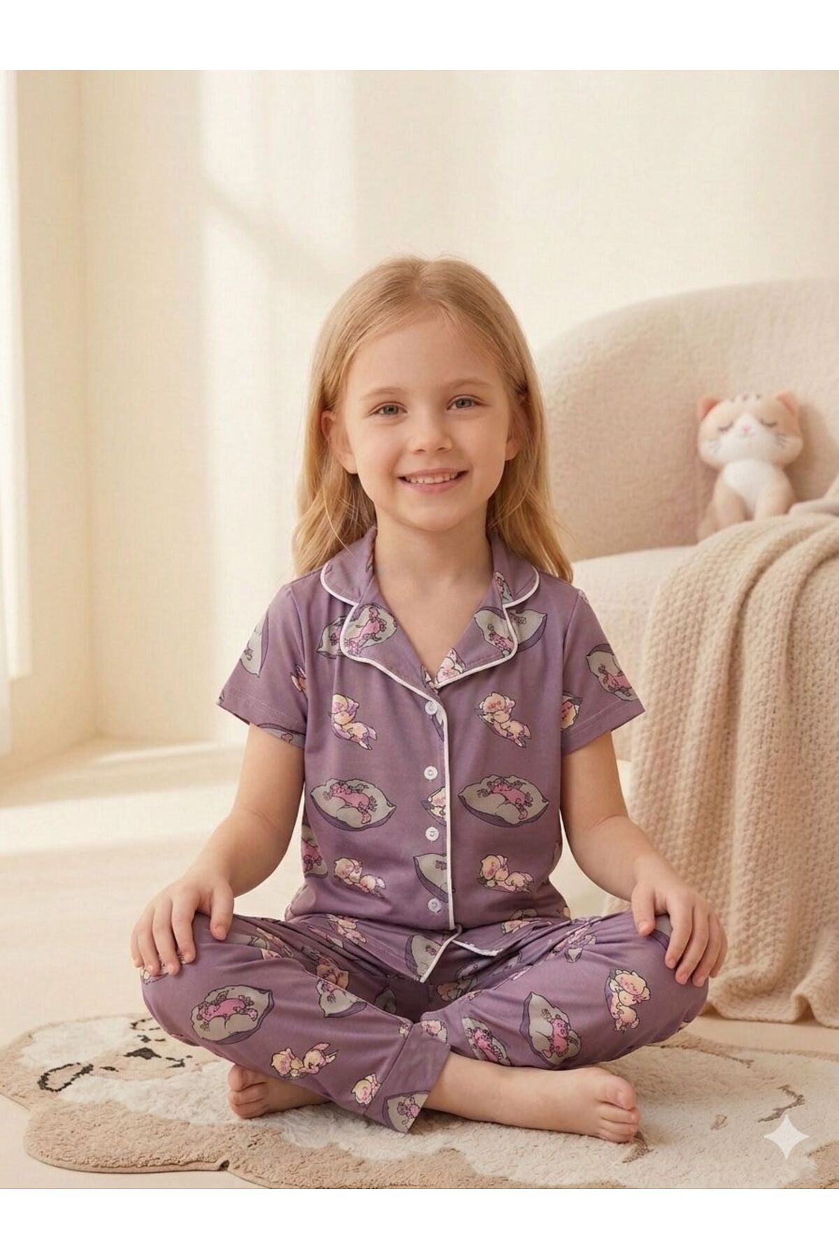 SERRASTIL Kız Çocuk Kedi Desenli Mor Renk Pamuklu Kısa Kollu Pijama Takımı fotoğrafı 2 (önizleme)