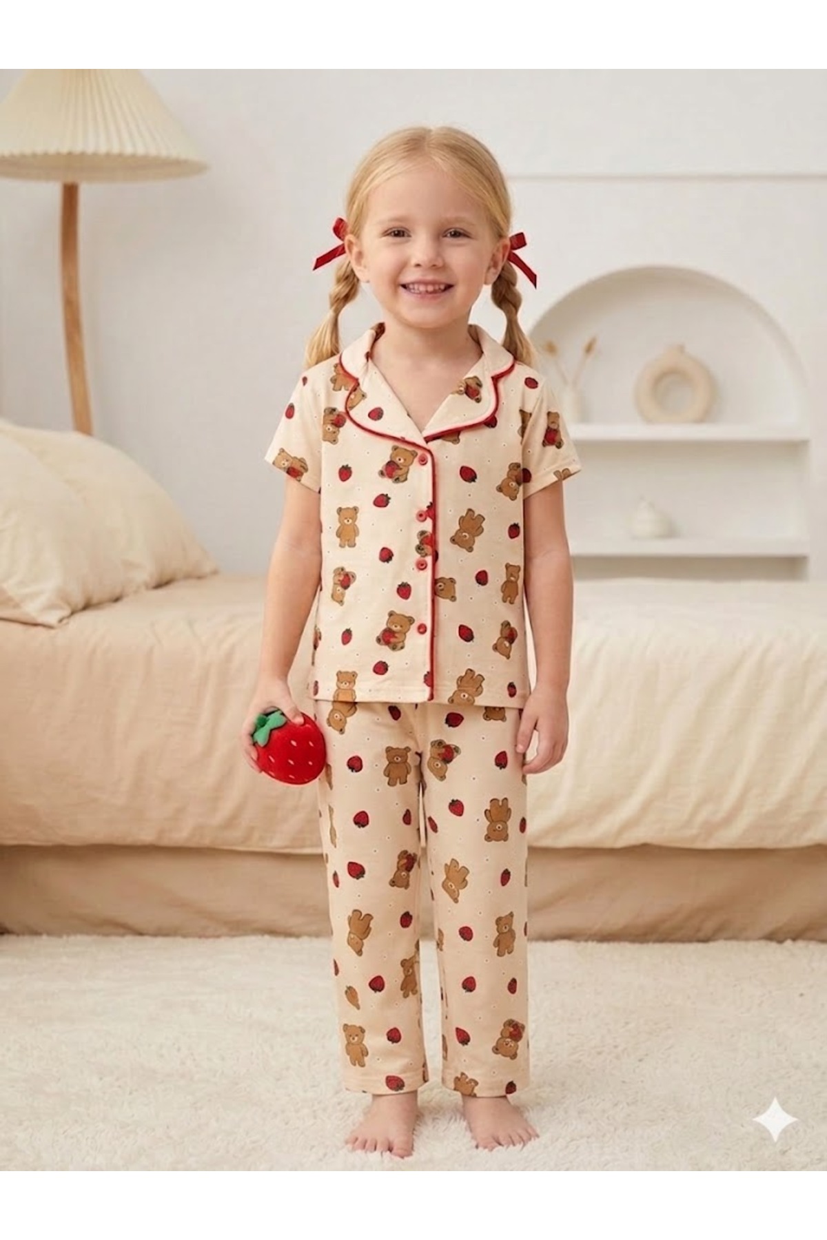 SERRASTIL Kız Çocuk Ayıcık Desenli Krem Rengi Pamuklu Kısa Kollu Pijama Takımı fotoğrafı 2 (önizleme)