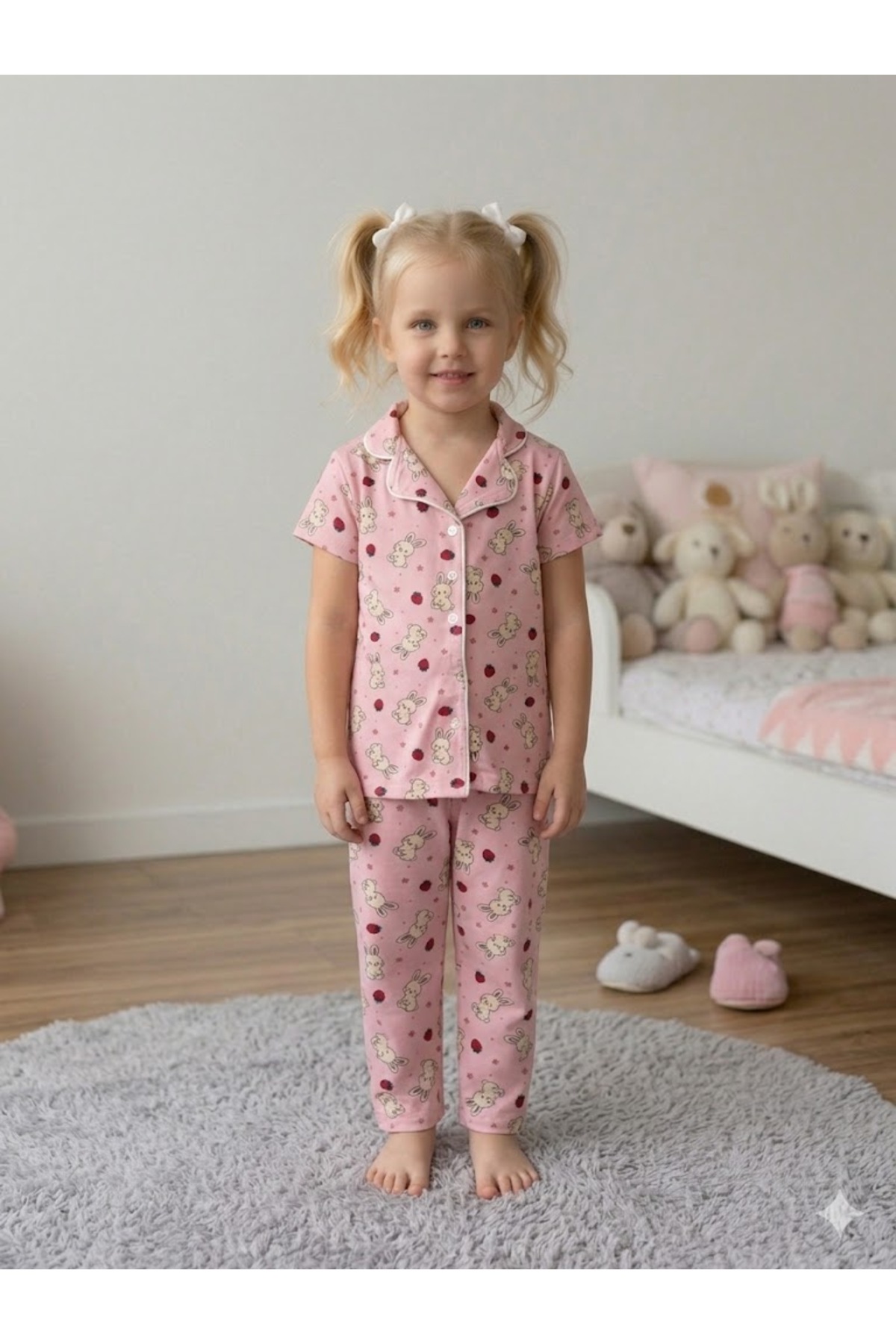 SERRASTIL Kız Çocuk Tavşan Desenli Pembe Renk Pamuklu Kısa Kollu Pijama Takımı fotoğrafı 3 (önizleme)