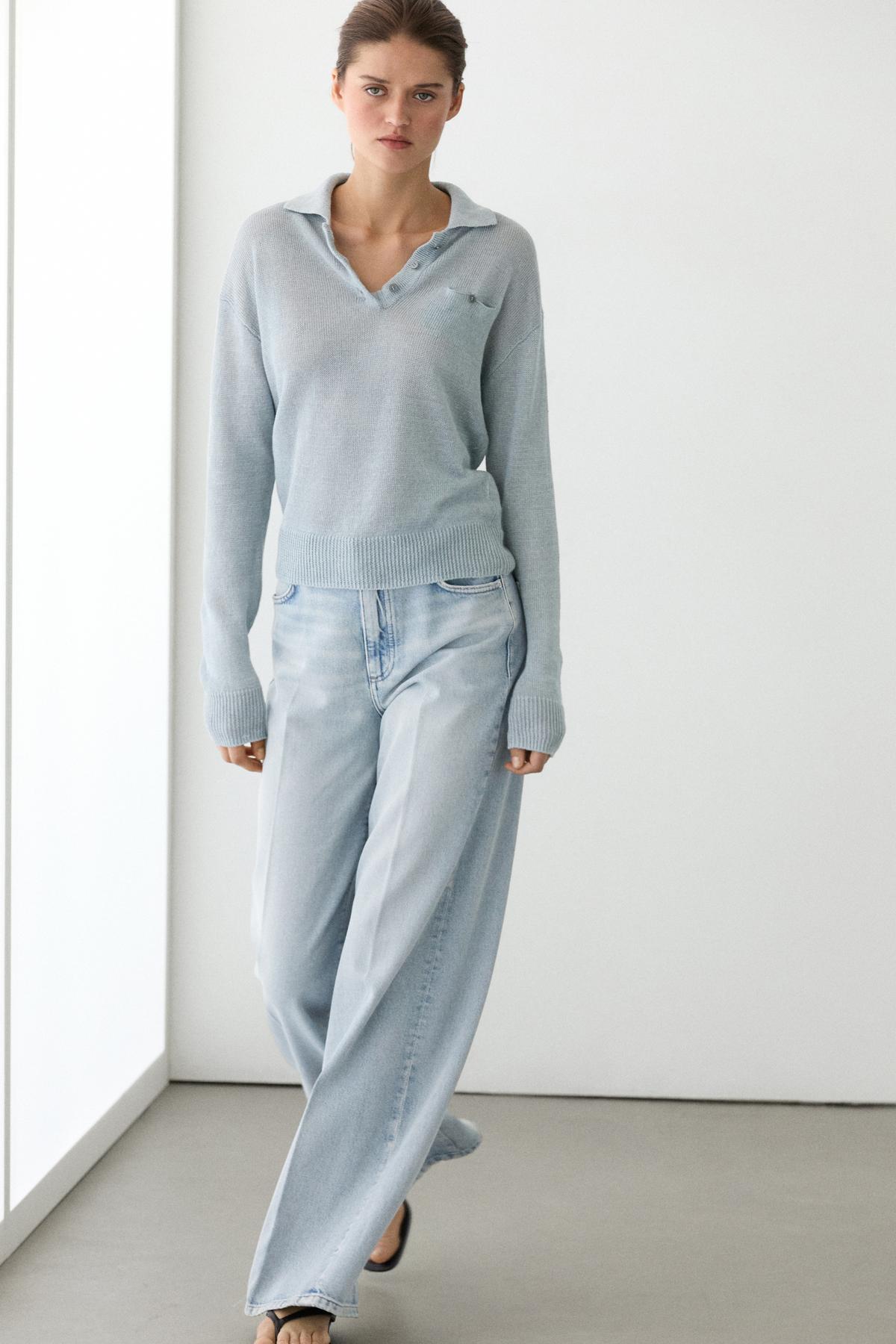 Massimo Dutti  İnce keten polo yaka kazak - Görsel 3