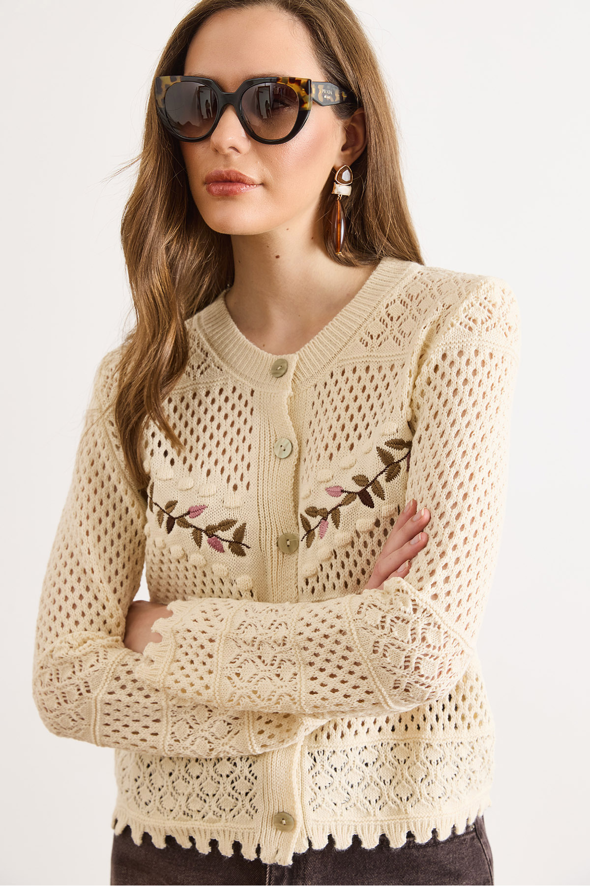 Olalook  Kadın Krem Yaprak Nakışlı Ajurlu Boho Mevsimlik Hırka HRK-19000493 - Görsel 5