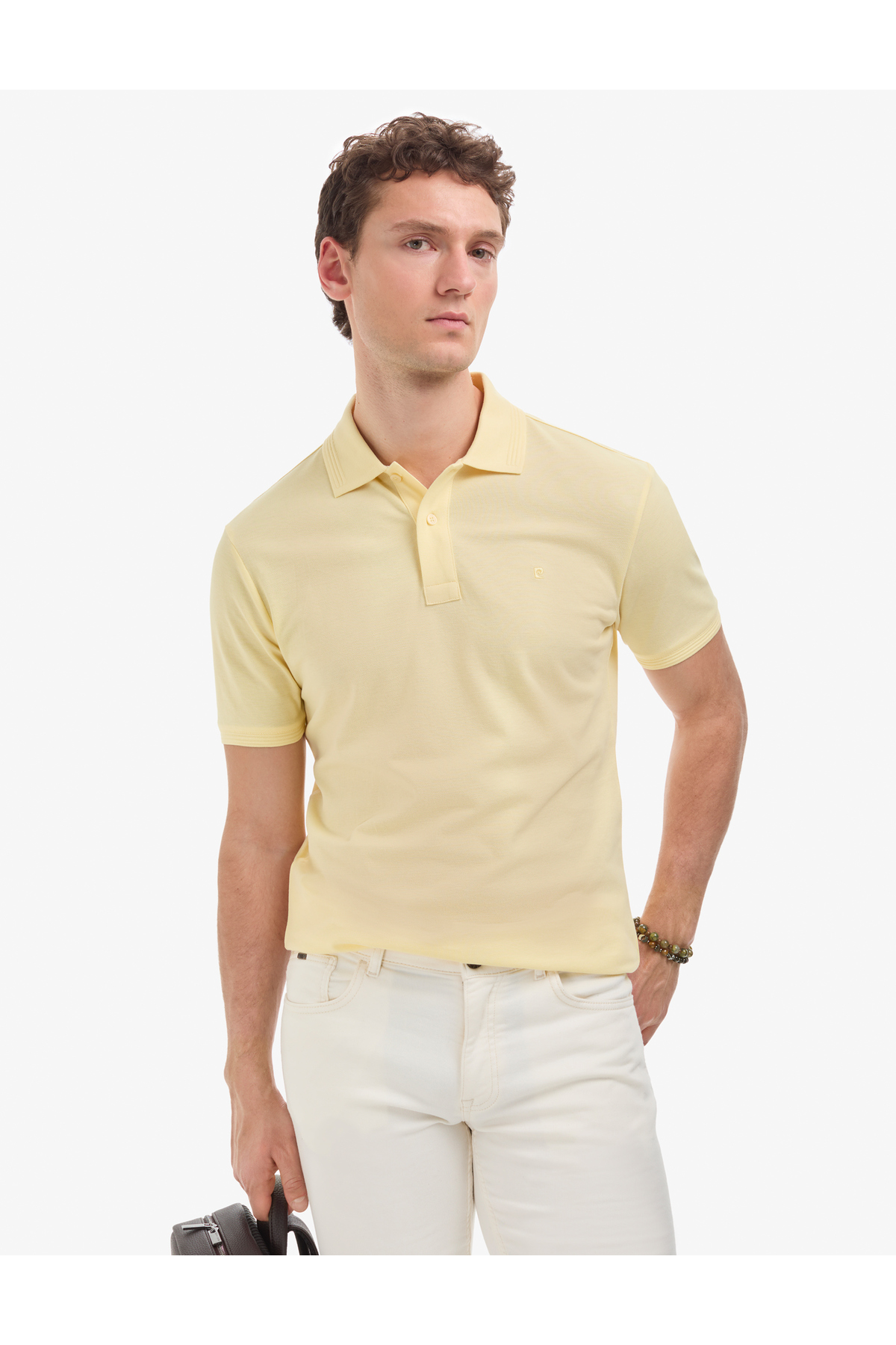 Pierre Cardin Light Yellow Slim Fit 100% Cotton Buttoned Polo Collar Basic T-Shirt 50321128-Vr004