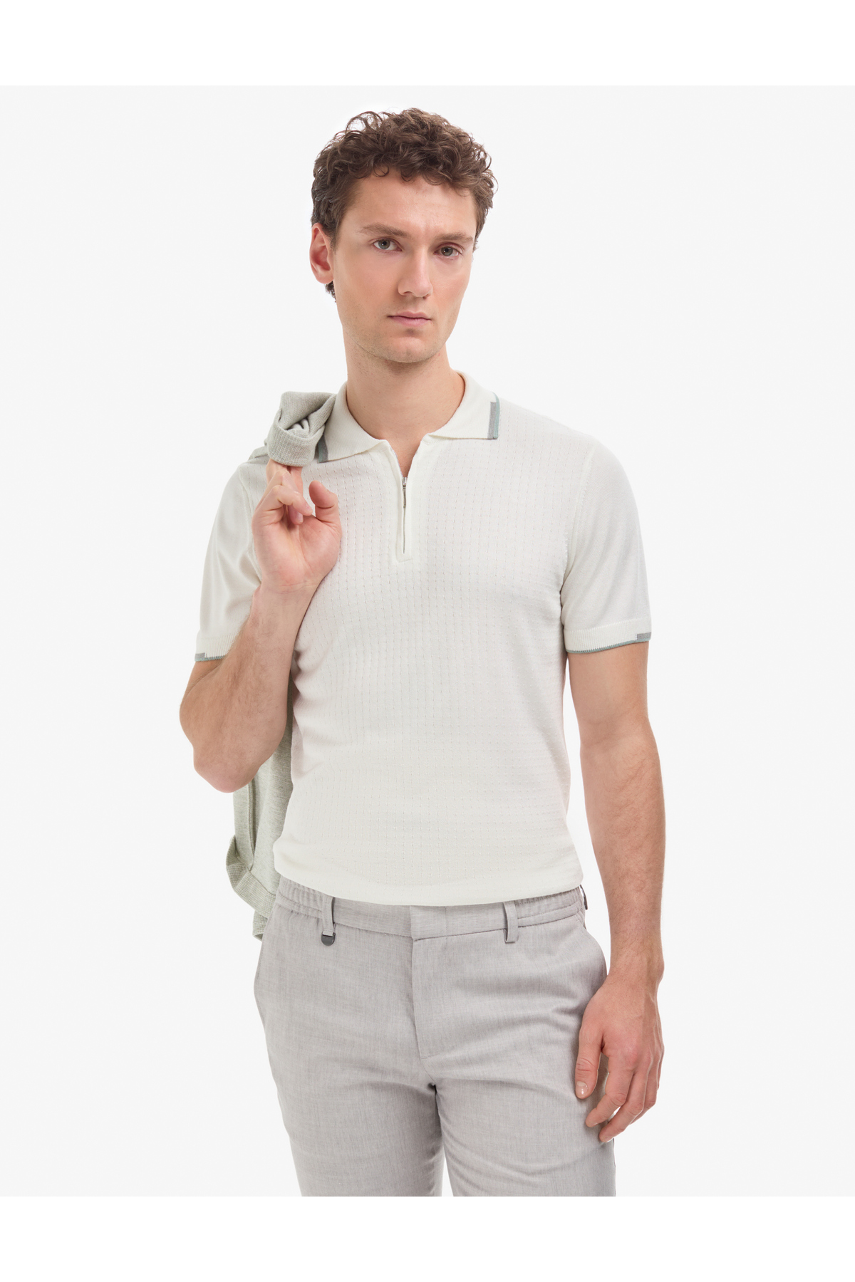 Pierre Cardin Ecru Slim Fit Polo Collar Zippered Knitwear T-Shirt 50320803-Vr019