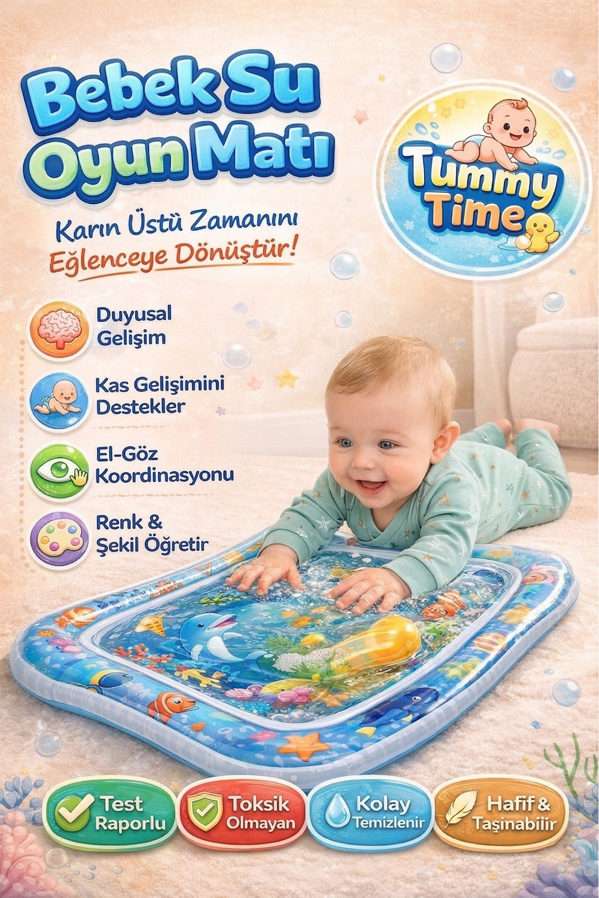 DENAPCAL Bebek Su Matı Tummy Time Su Oyun Matı Şişirilebilir 5 Parça BPA Free 0-1 Yaş fotoğrafı 2 (önizleme)
