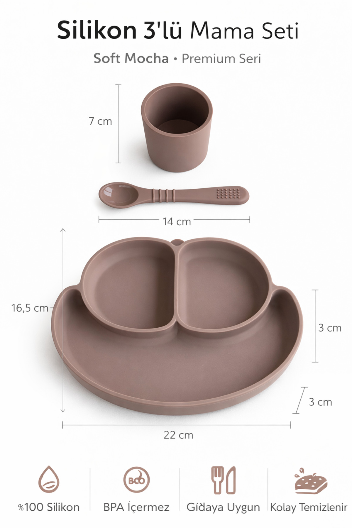 evolis kitchen 3 adet Vakumlu Isıya Dayanıklı Mama Tabağı Kaşık Bardak Seti Kahverengi fotoğrafı 2 (önizleme)