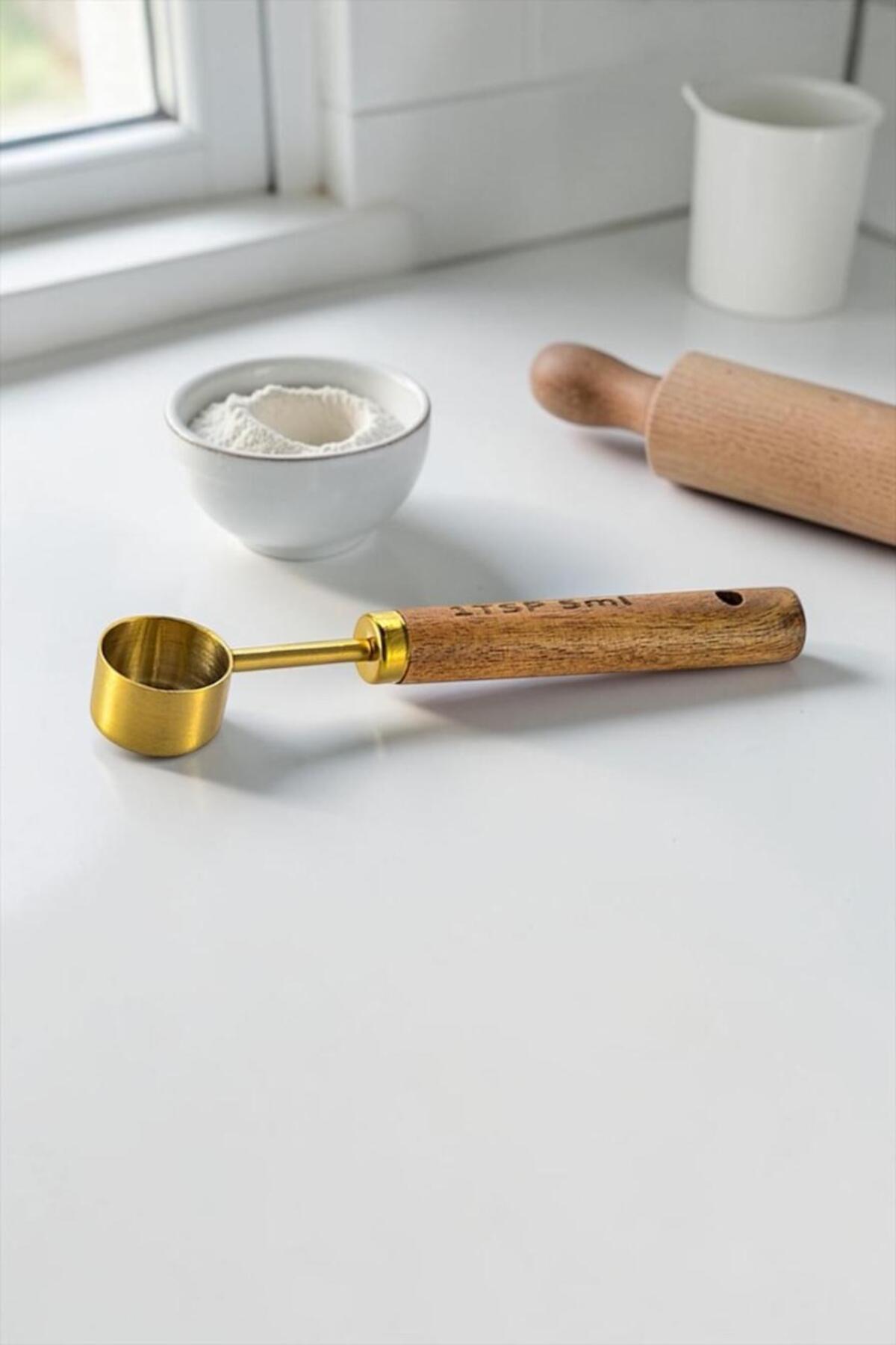 2.5 ml Gold Ölçü Kaşığı Ahşap Saplı | Küçük Boy Mutfak Ölçek Kaşığı