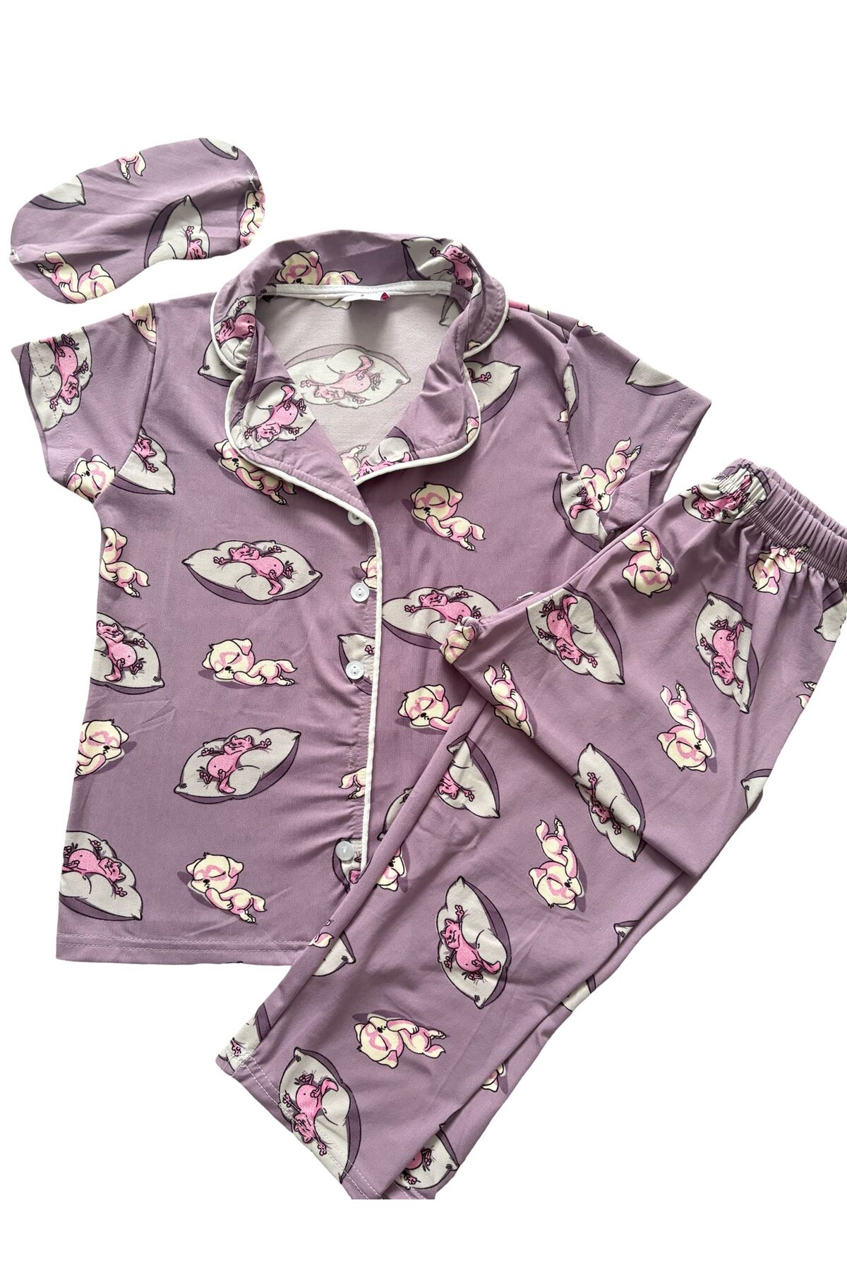 mışıl mışıl kids Kız Çocuk Sevimli Kedi Desenli Yazlık Yumuşak Kumaş Çocuk Pijama Takımı fotoğrafı 2 (önizleme)