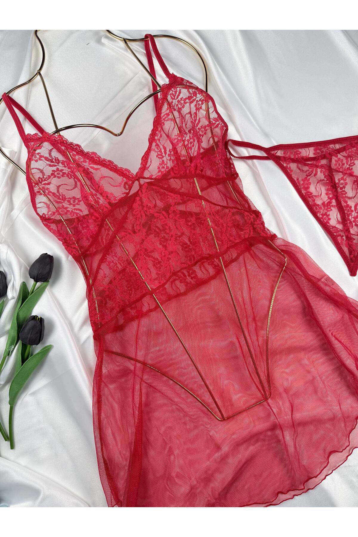 ROZENİN LINGERIE Kadın Romantik Askılı Dantel Tül Gecelik String Hediyeli
