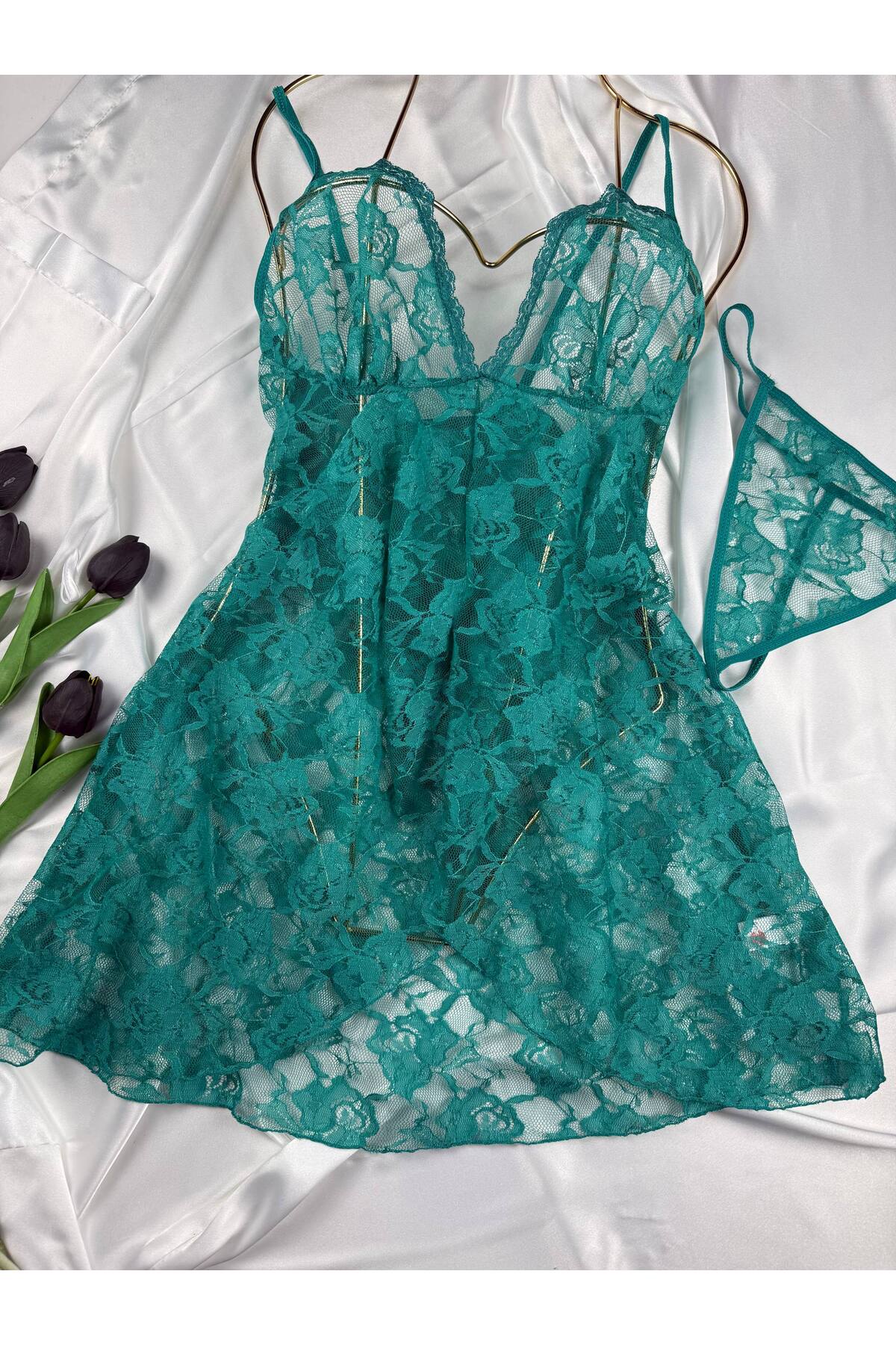 ROZENİN LINGERIE Kadın Romantik Askılı Dantel Tül Gecelik String Hediyeli