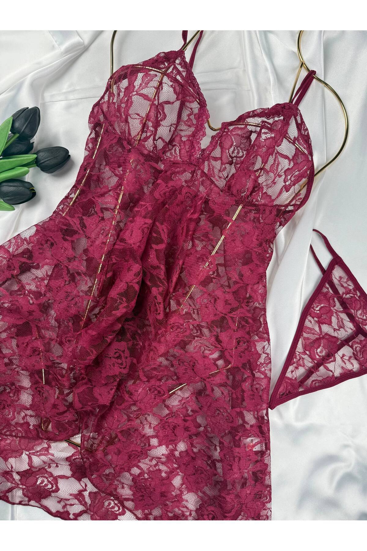 ROZENİN LINGERIE Kadın Romantik Askılı Dantel Tül Gecelik String Hediyeli görsel 4