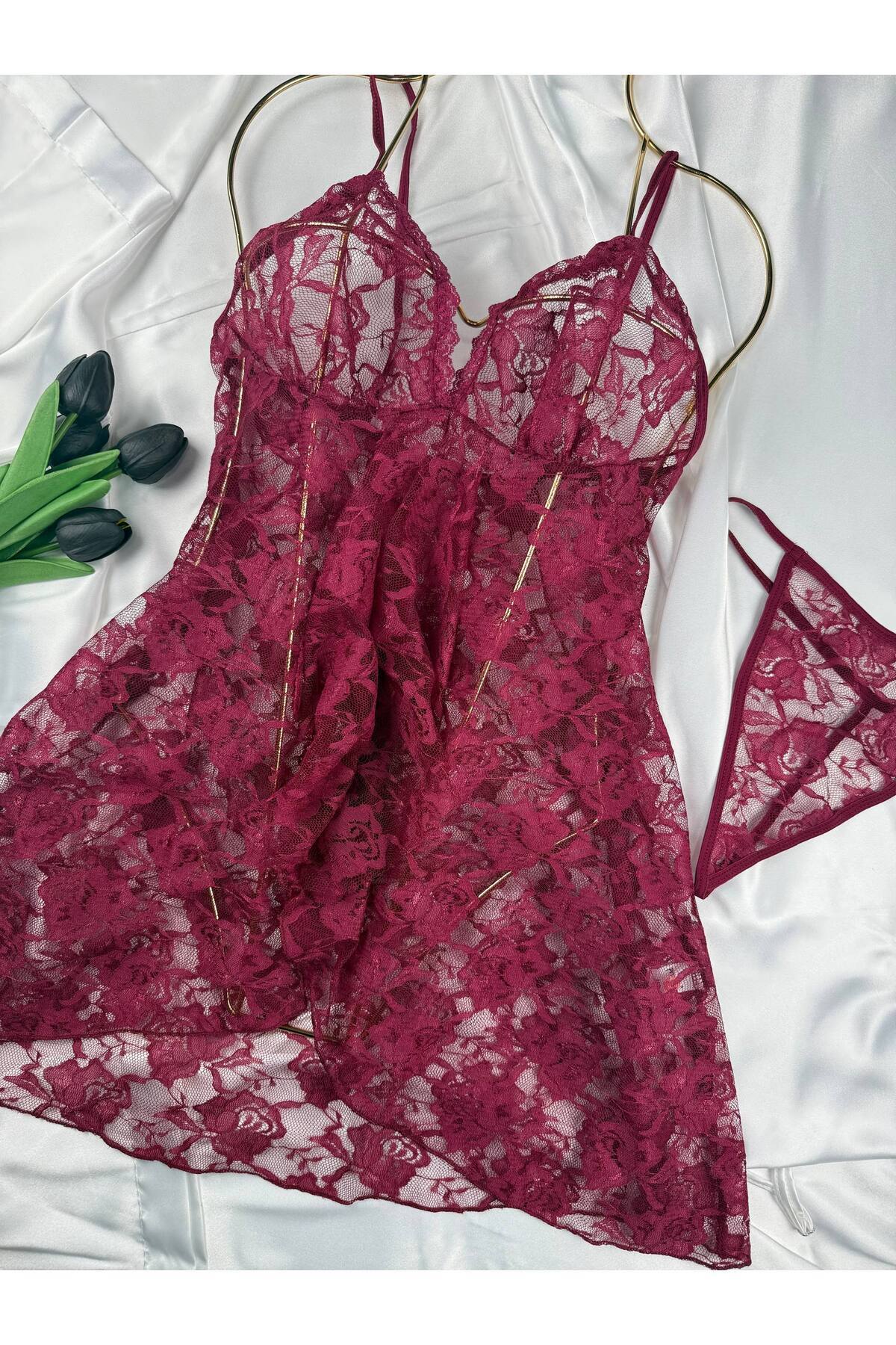ROZENİN LINGERIE Kadın Romantik Askılı Dantel Tül Gecelik String Hediyeli görsel 5