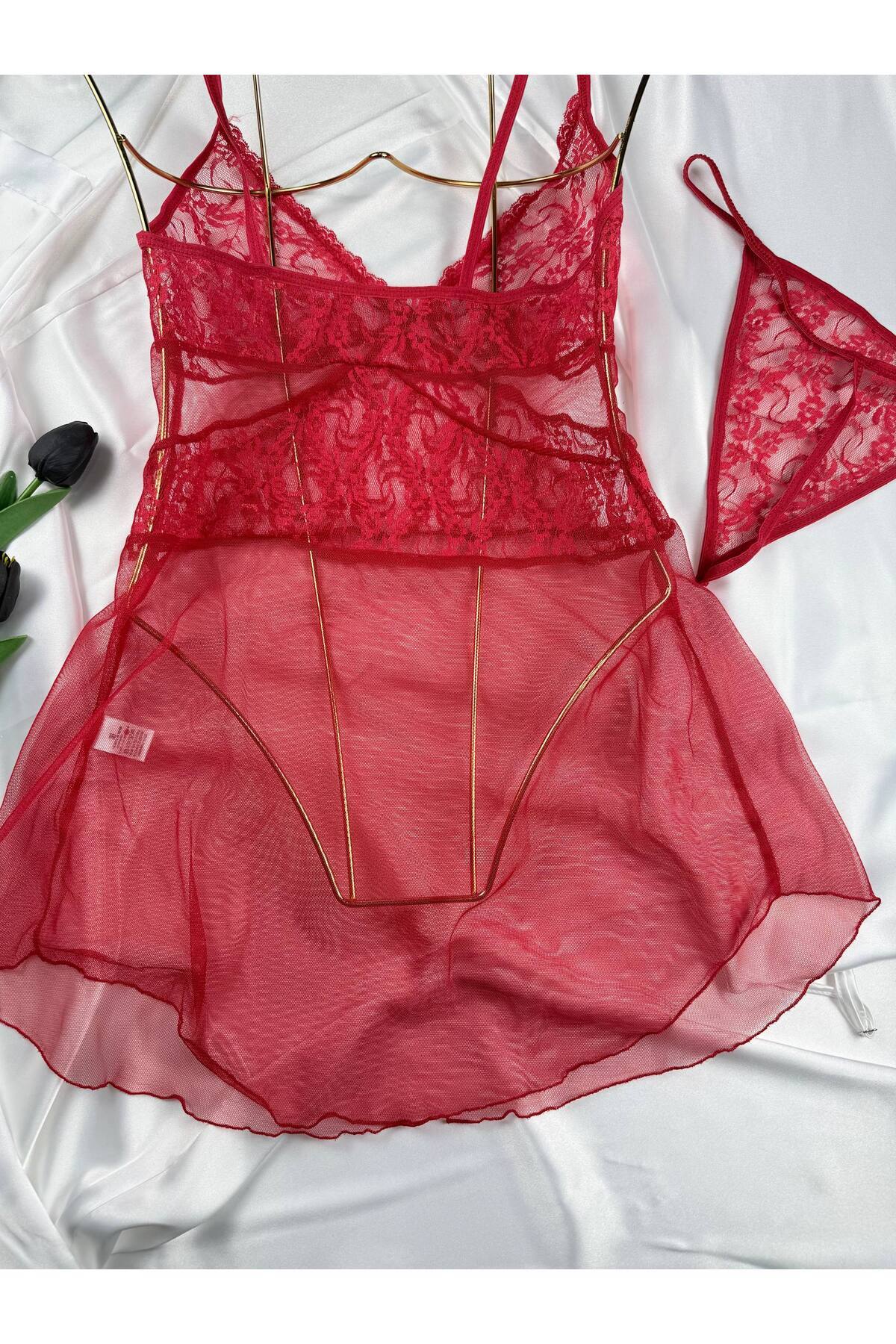 ROZENİN LINGERIE Kadın Romantik Askılı Dantel Tül Gecelik String Hediyeli görsel 6