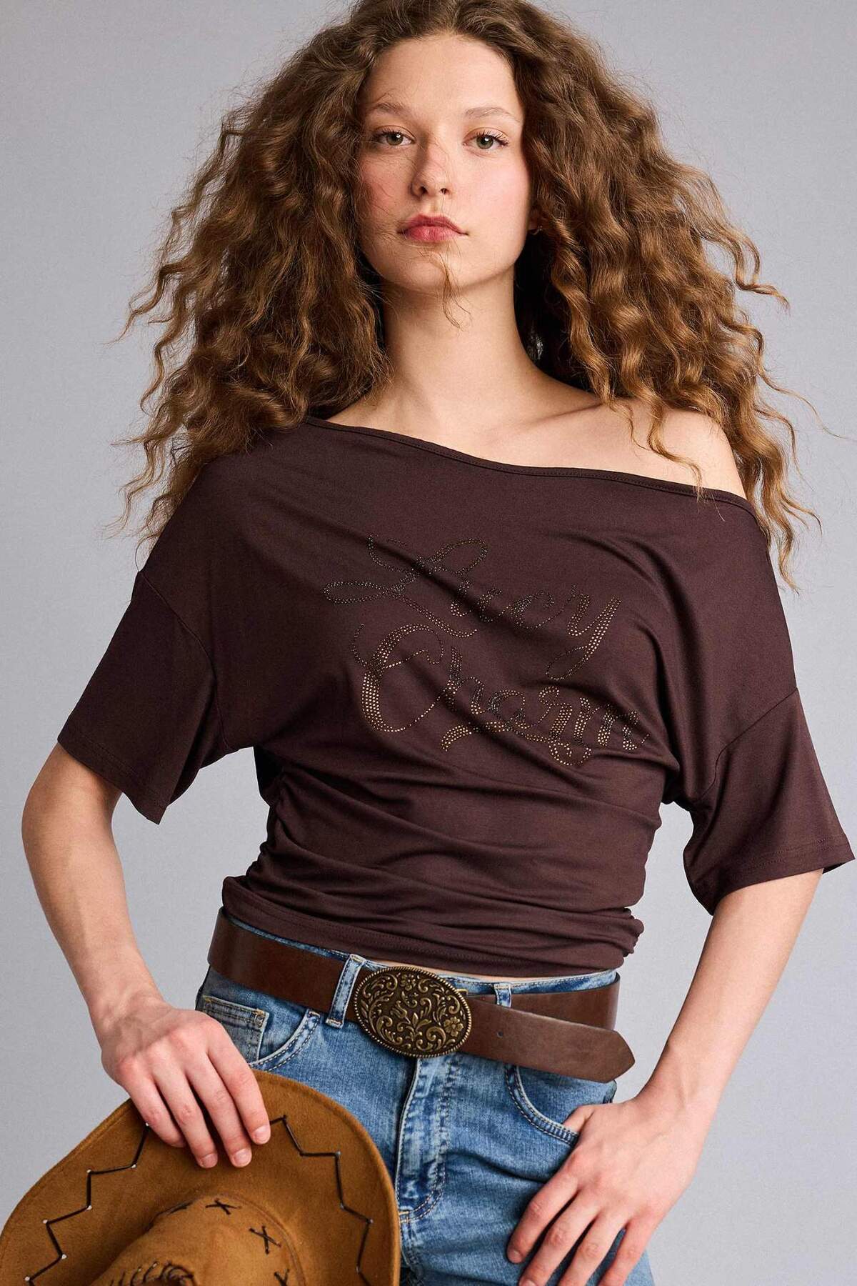 Defacto Fitted Open Shoulder Printed Short Sleeve T-Shirt H5775Ax26Sm
