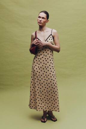 Defacto Kalp Yaka Puantiyeli Bürümcük Askılı Maxi Elbise H0808AX26SP