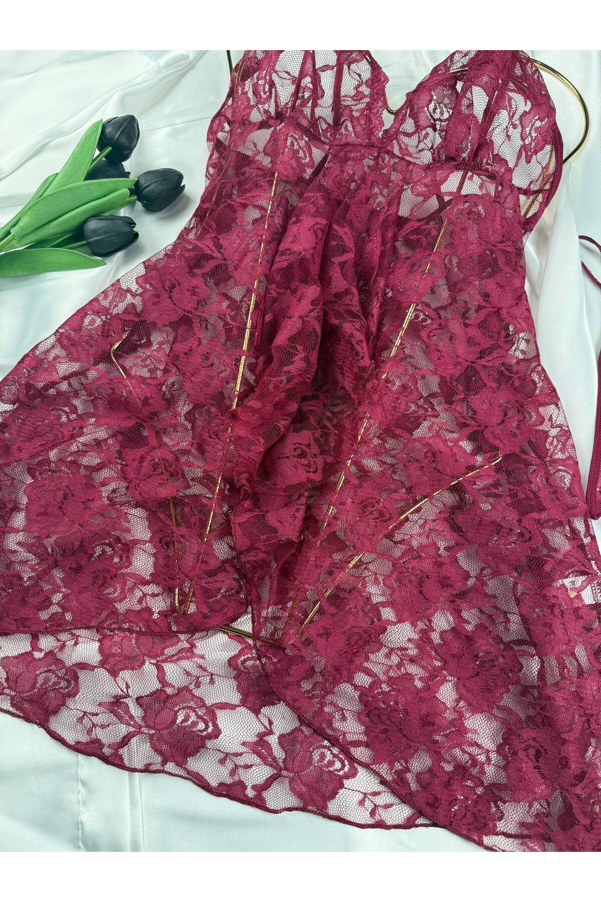 ROZENİN LINGERIE Kadın Romantik Askılı Dantel Tül Gecelik String Hediyeli görsel 3