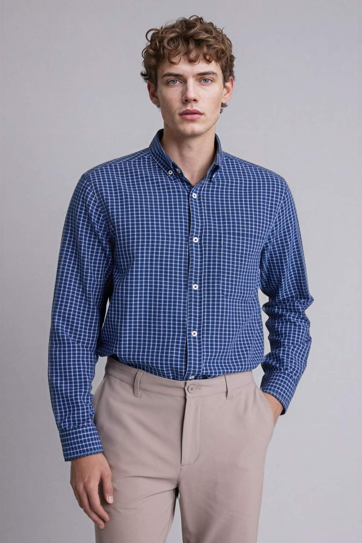 %100 Pamuk Regular Fit Polo Yaka Oxford Uzun Kollu Gömlek H3573AX26SP — آبی — تصویر 3 از 5