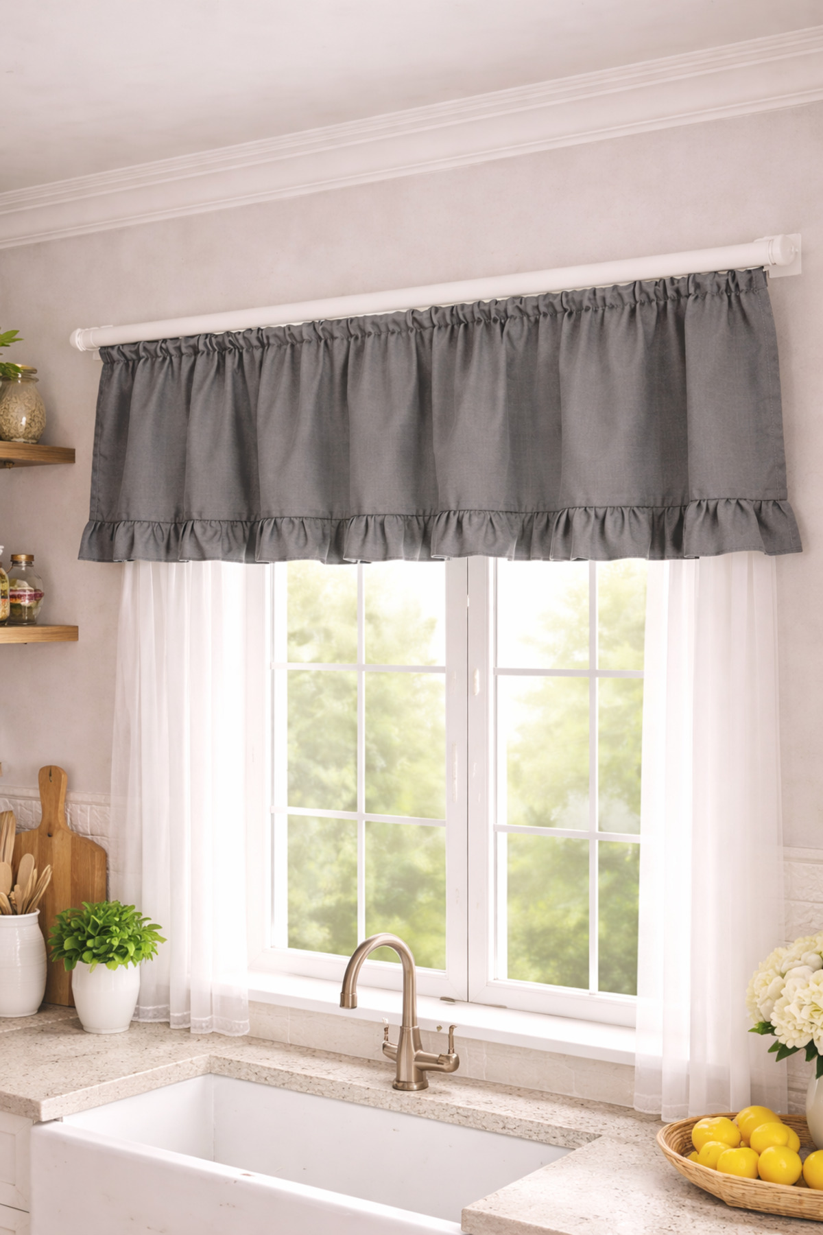 Gray Ruffle Detailed Farbela, Short Background Curtain 1 Piece Farbela, Kitchen Living Room Cornice and Rustic Compatible