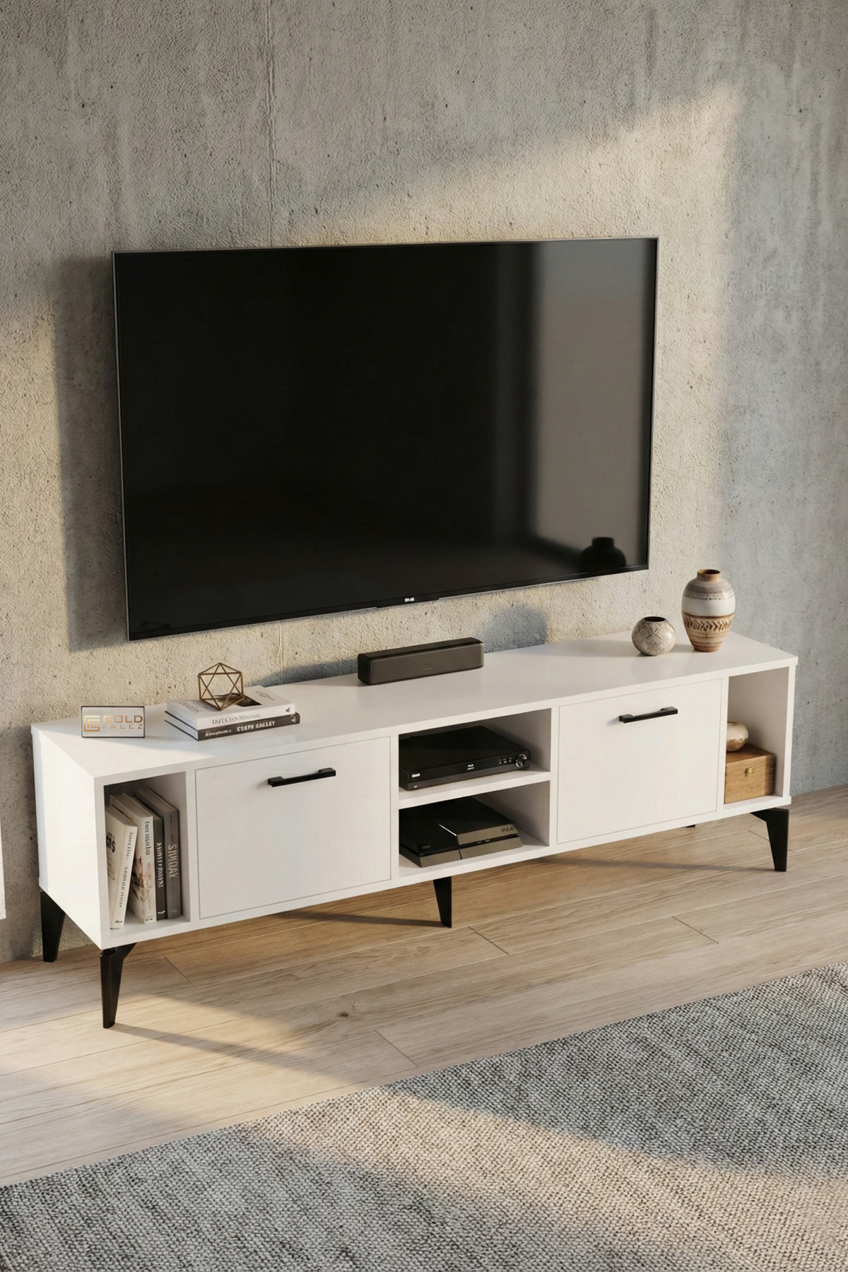 Goldfalez Linya TV Sehpası Suntalam Beyaz 160x35 cm görsel 5