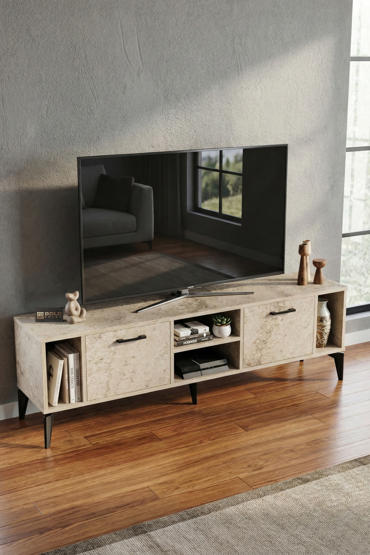 Goldfalez Linya TV Sehpası Suntalam Ekru 160x35 cm görsel 5