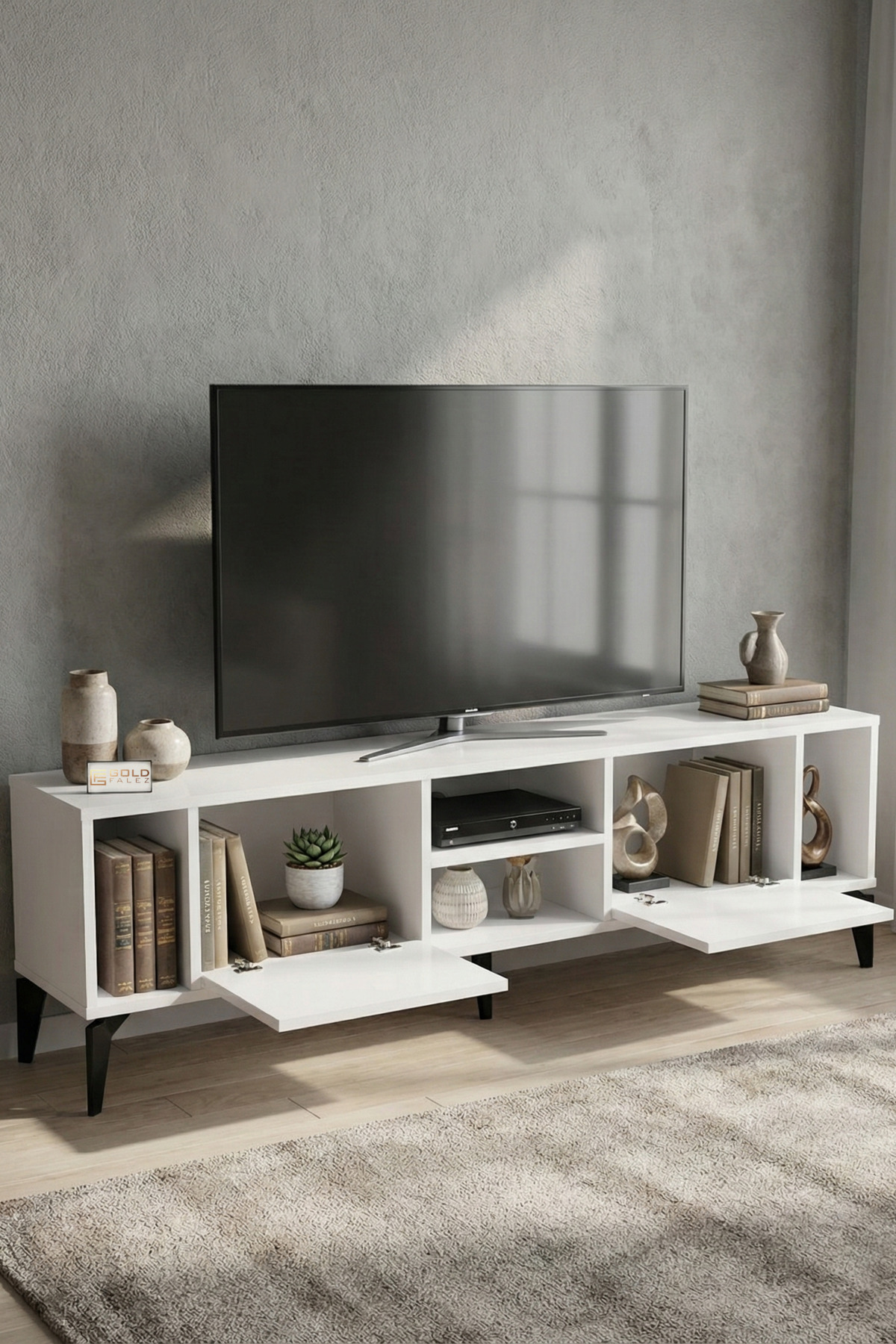 Goldfalez Linya TV Sehpası Suntalam Beyaz 160x35 cm görsel 3