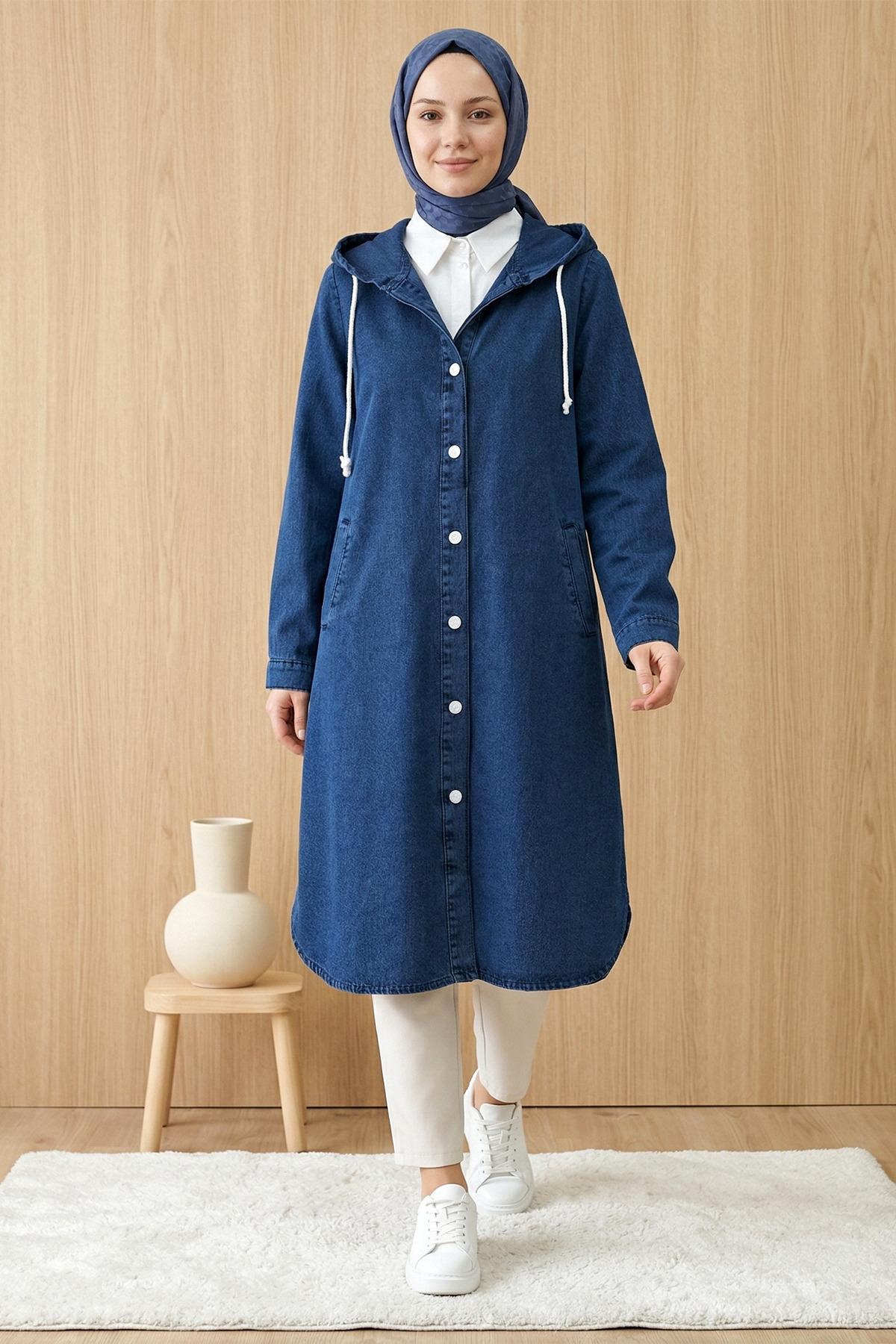Women's Hooded Buttoned Denim Coat Navy Blue