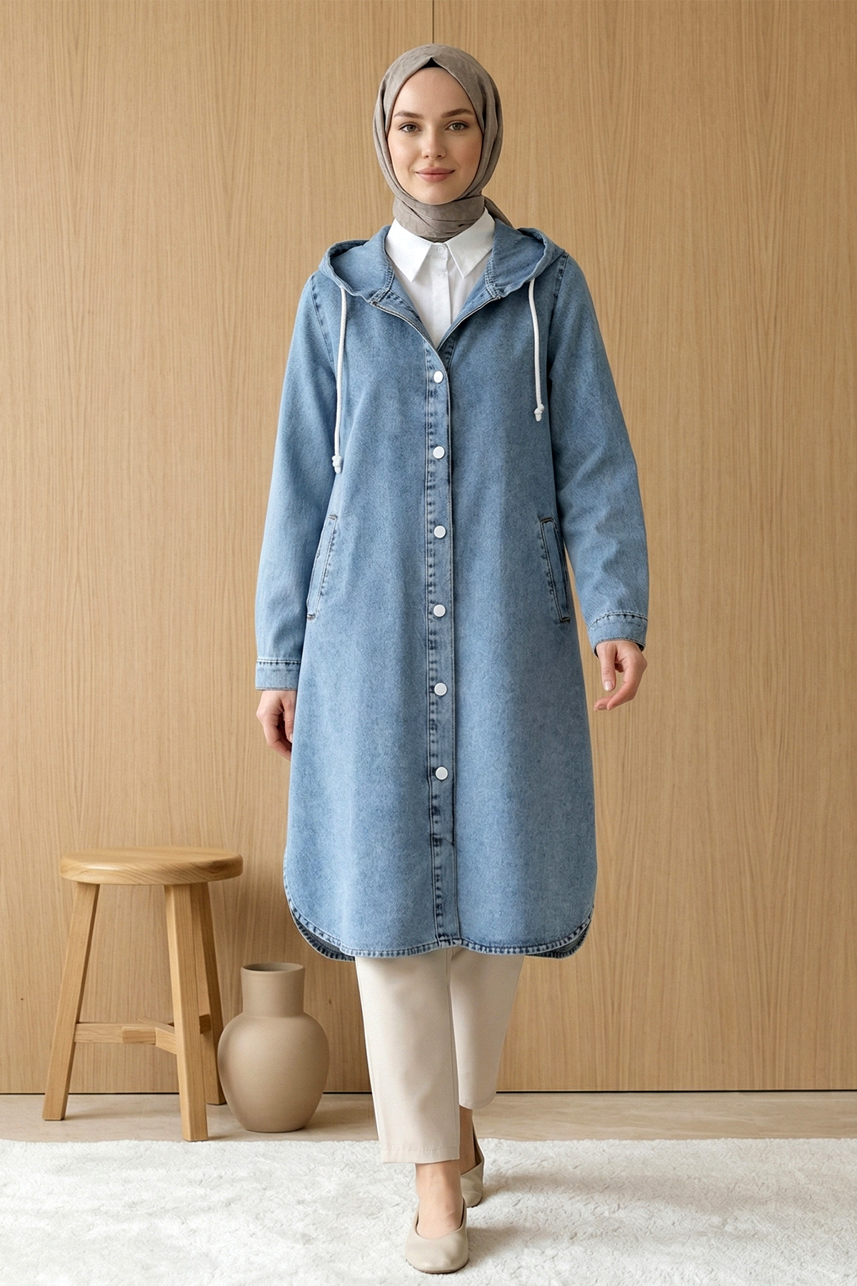 Women's Hooded Buttoned Denim Cap - Ice Blue