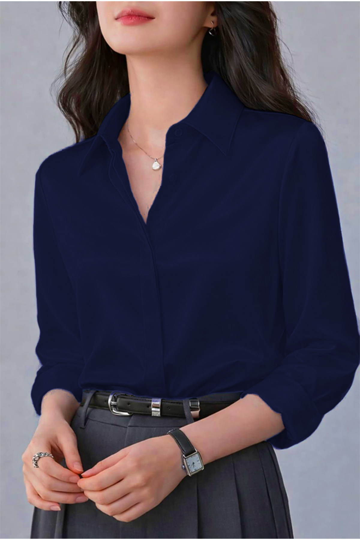 TRENDBUTİKOFFİCİAL  Saten Kumaş Gömlek - Lacivert - Görsel 2