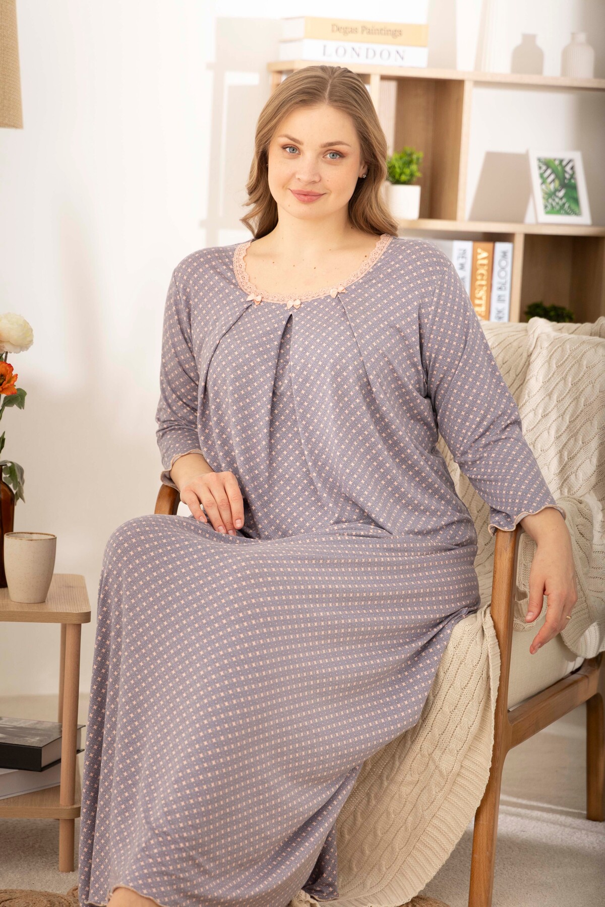 Lilac Star Patterned Ring Viscose Three Quarter Sleeve Plus Size Dress