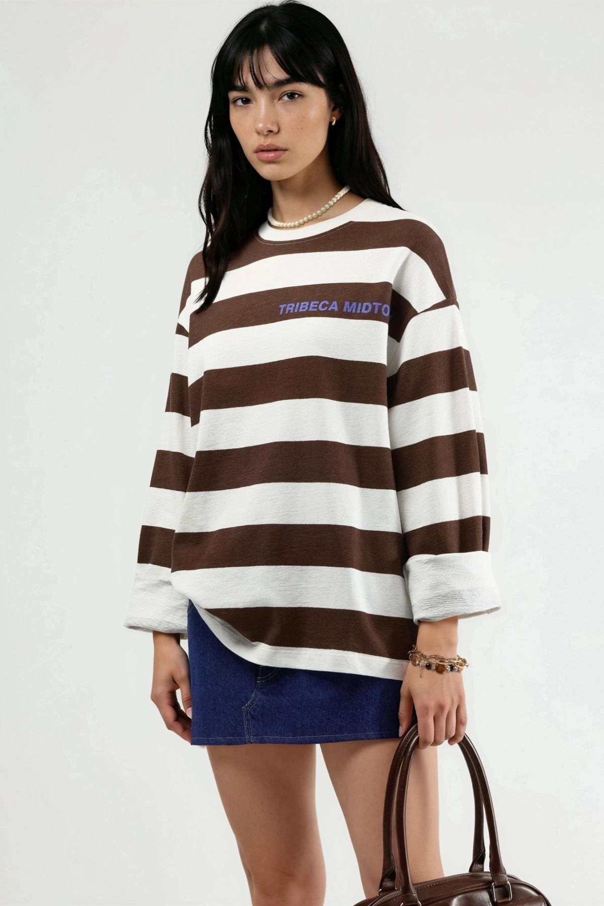 Hiccup BUSEM Oversize Çizgili Bisiklet Yaka Sweatshirt görsel 2