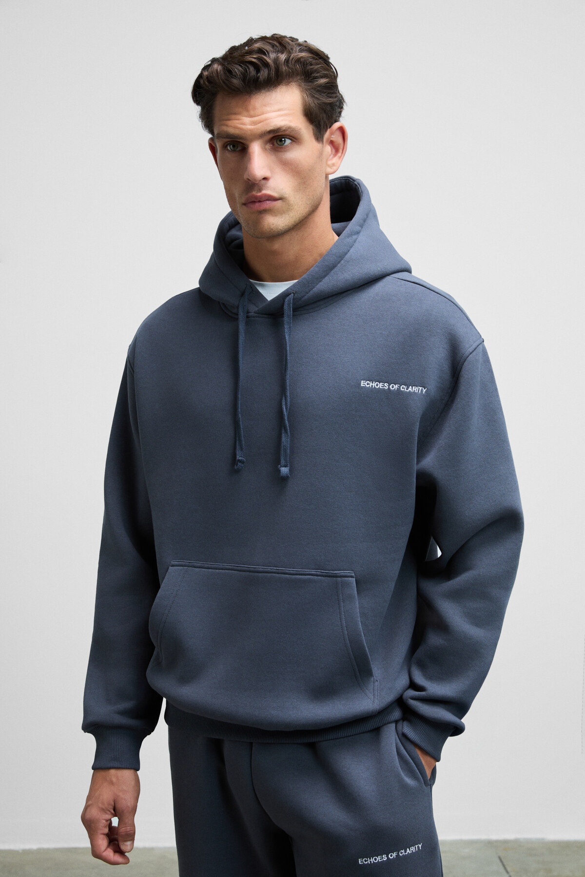 GRIMELANGE SCARN Erkek Pamuklu İçi Polarlı Nakışlı Kapüşonlu Relaxed Koyu Gri Sweatshirt görsel 2