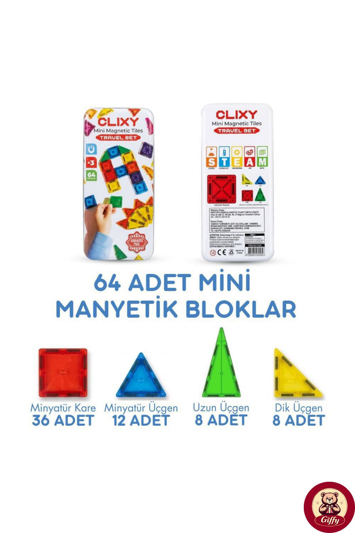 giffy Manyetik Yapı Blokları - 64 Parça Seyahat Tipi Mini Bloklar Metal Saklama Kutulu Çanta Boy Renkli fotoğrafı 2 (önizleme)