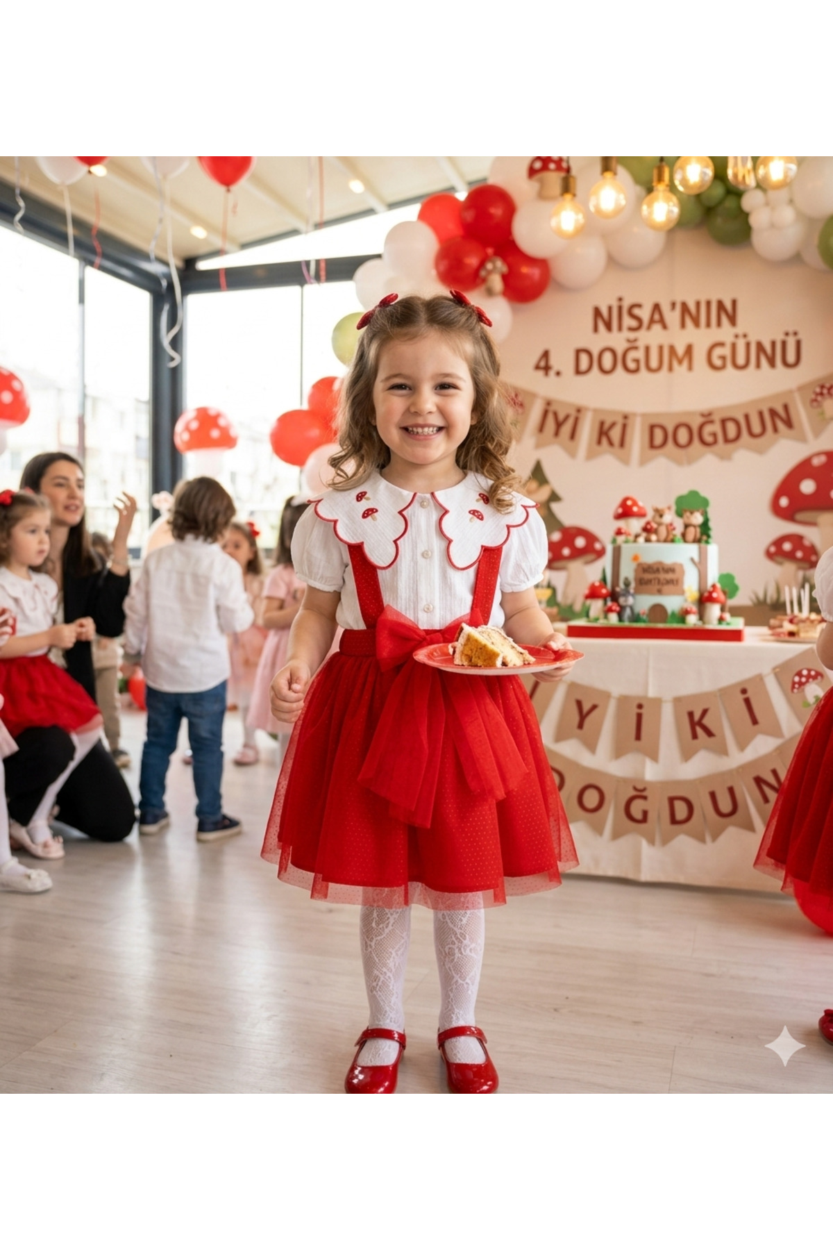 Cumino Kız Çocuk Kırmızı Mantar Nakışlı Bebek Yaka Gömlek ve Jile Etek Takımı fotoğrafı 2 (önizleme)