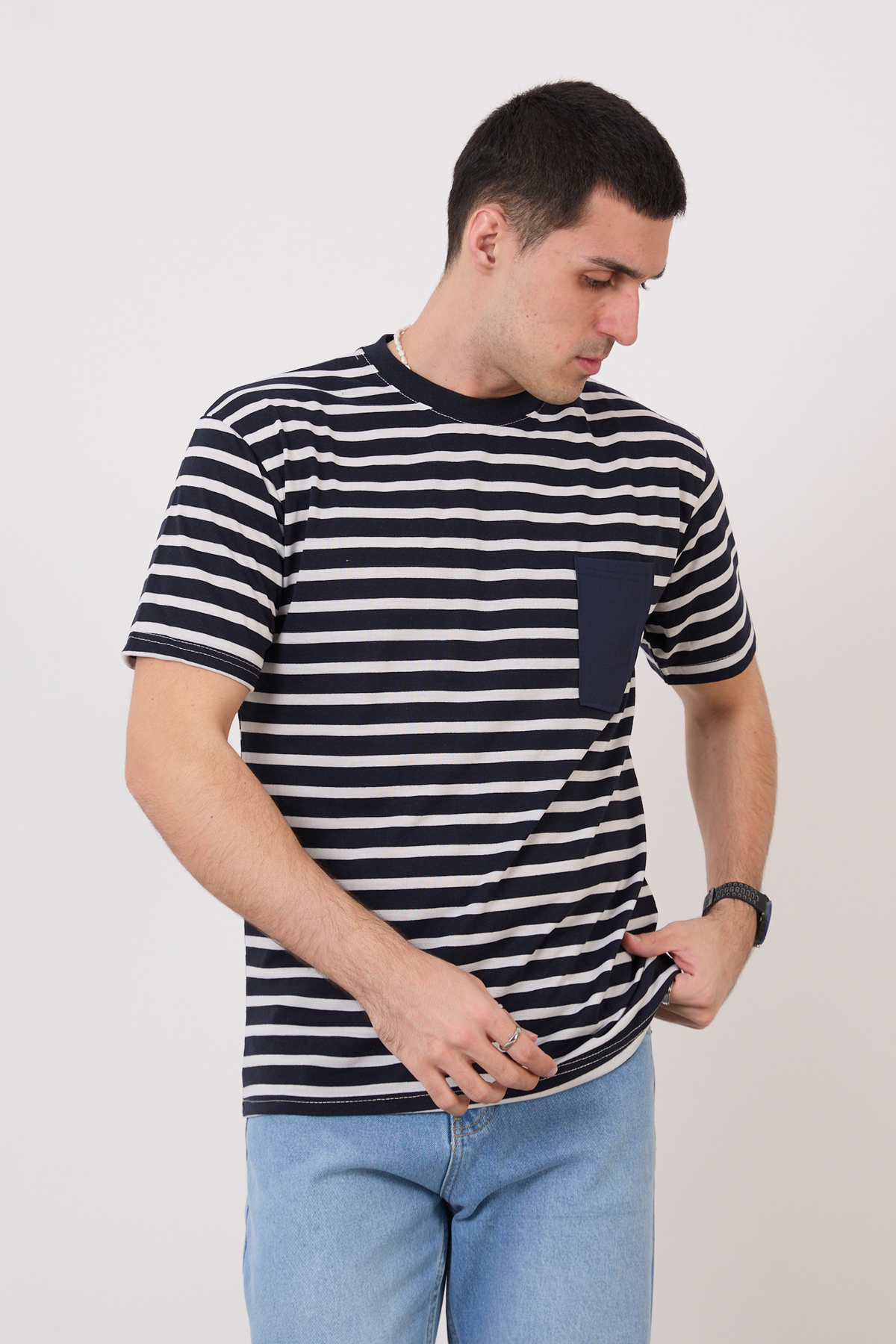 Men's Navy Blue-White Striped Crew Neck, Single Jersey Fabric T-Shirt with Pocket Detail,Casual Casual Cut