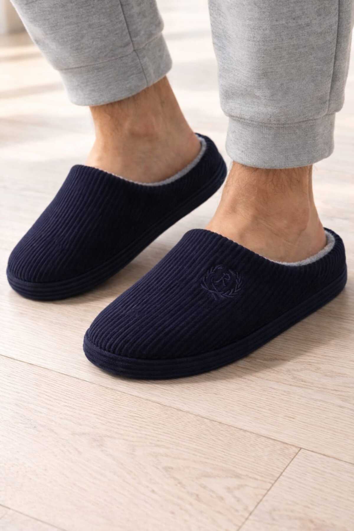 Bei piedi Fitilli Kadife Kumaş Nakışlı Rahat Erkek Terliği