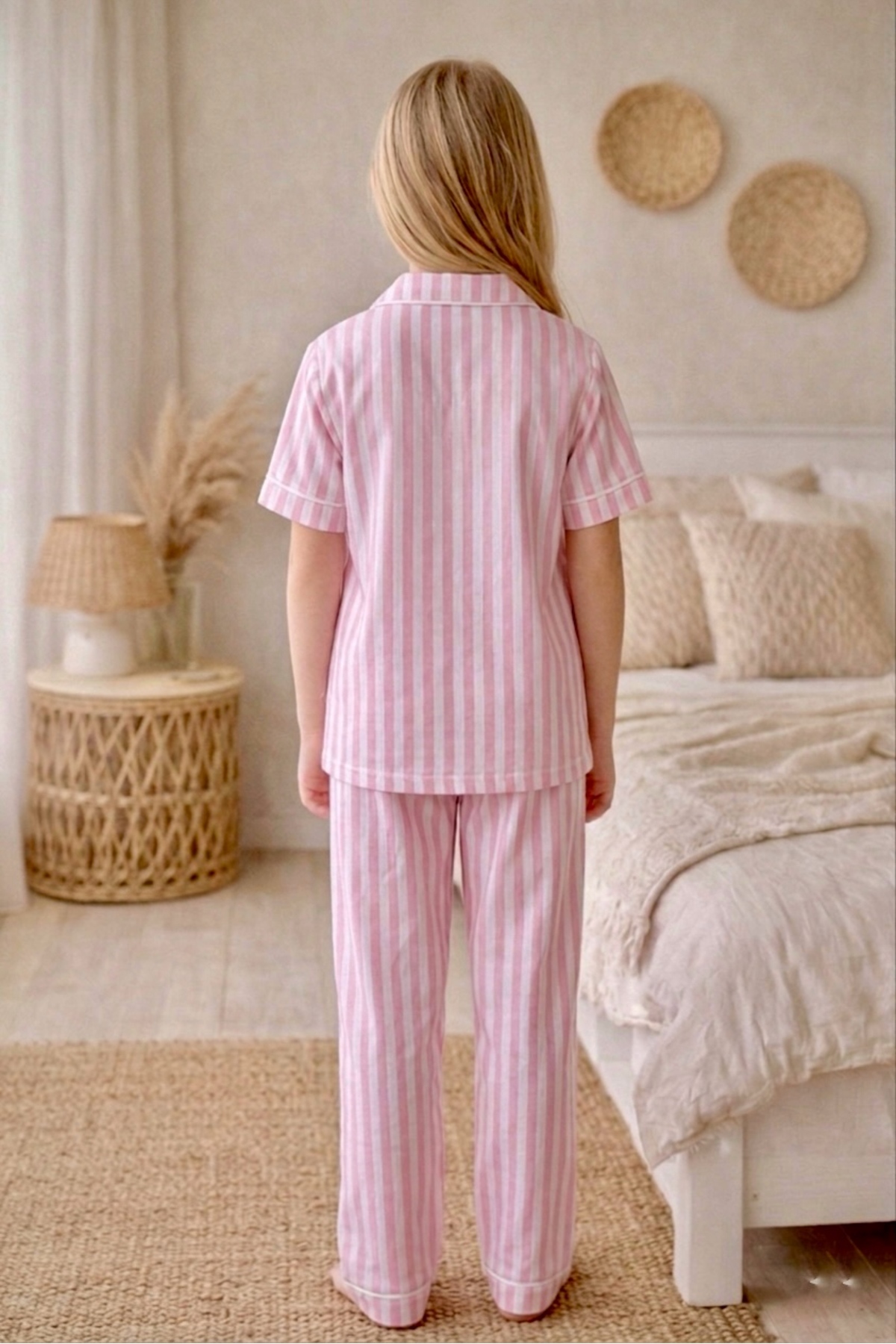 Enie Kız Çocuk Pamuklu Çizgili Yazlık Pijama Takımı + Göz Bandı fotoğrafı 4 (önizleme)