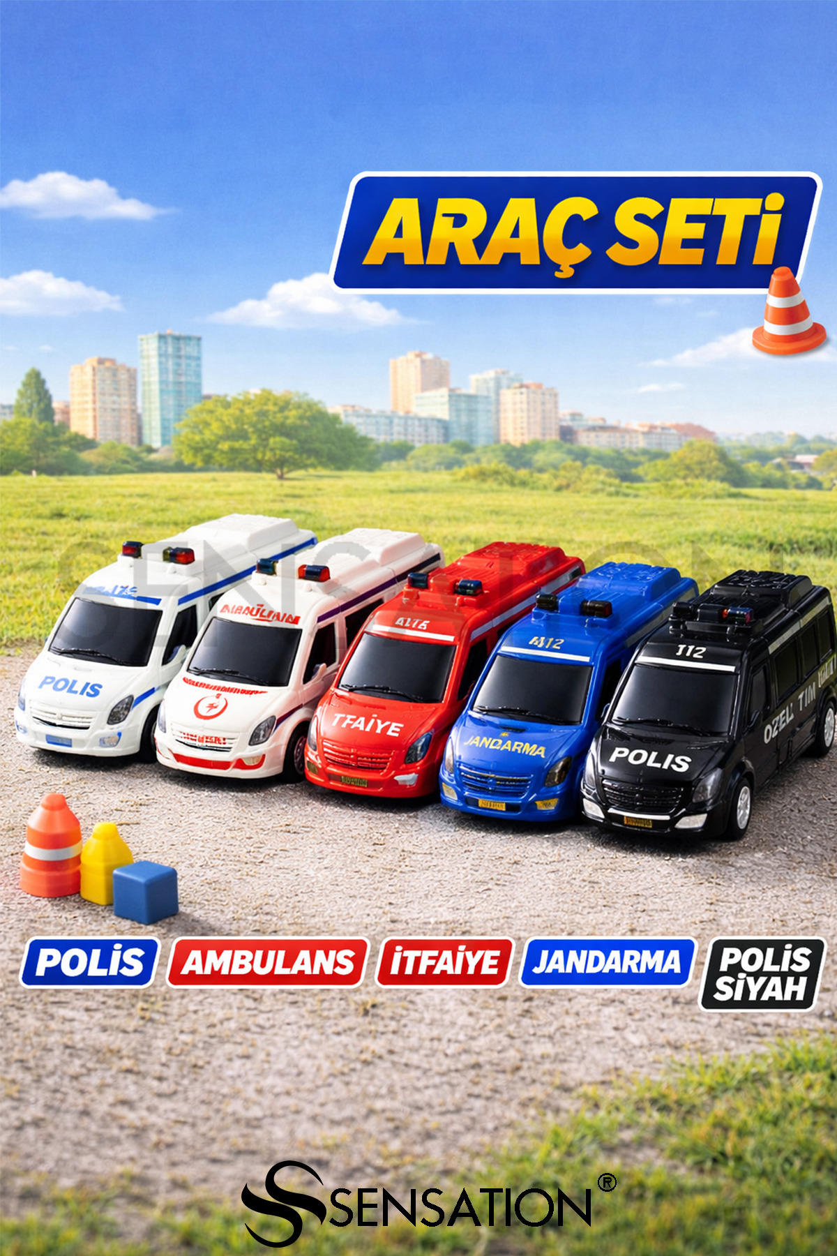 Police Gendarmerie Ambulance Fire Truck Check Drop Set of 5, Vehicle Set - 112 Emergency Minibus 11x5.5 cm
