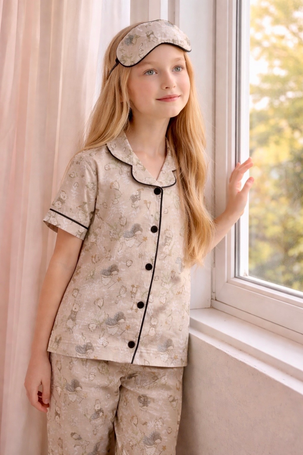 Enie Kız Çocuk Pamuklu Tavşan Desenli Yazlık Göz Bantlı Pijama Takımı fotoğrafı 6 (önizleme)