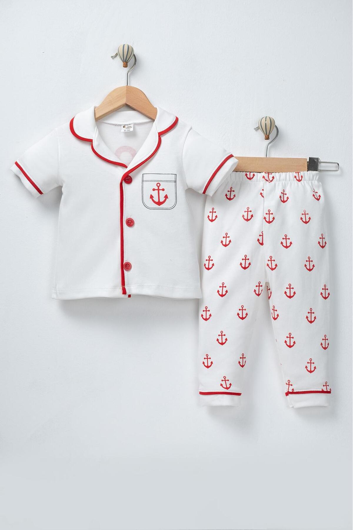 derin baby %100 Pamuklu Kısa Kollu Düğmeli Yazlık Denizci Çapalı Erkek Bebek Pijama Takımı fotoğrafı 3 (önizleme)