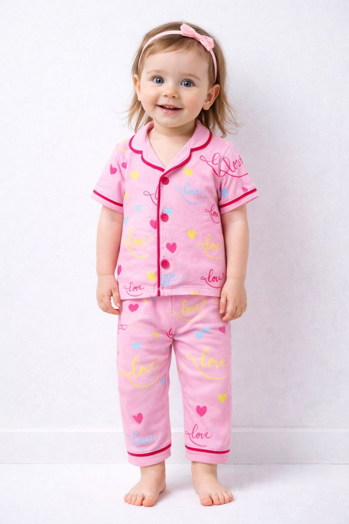 derin baby %100 Pamuk Kısa Kollu Düğmeli Yazlık Minik Renkli Kalp Love Desenli Unisex Bebek Çocuk Pijama Takımı fotoğrafı 2 (önizleme)