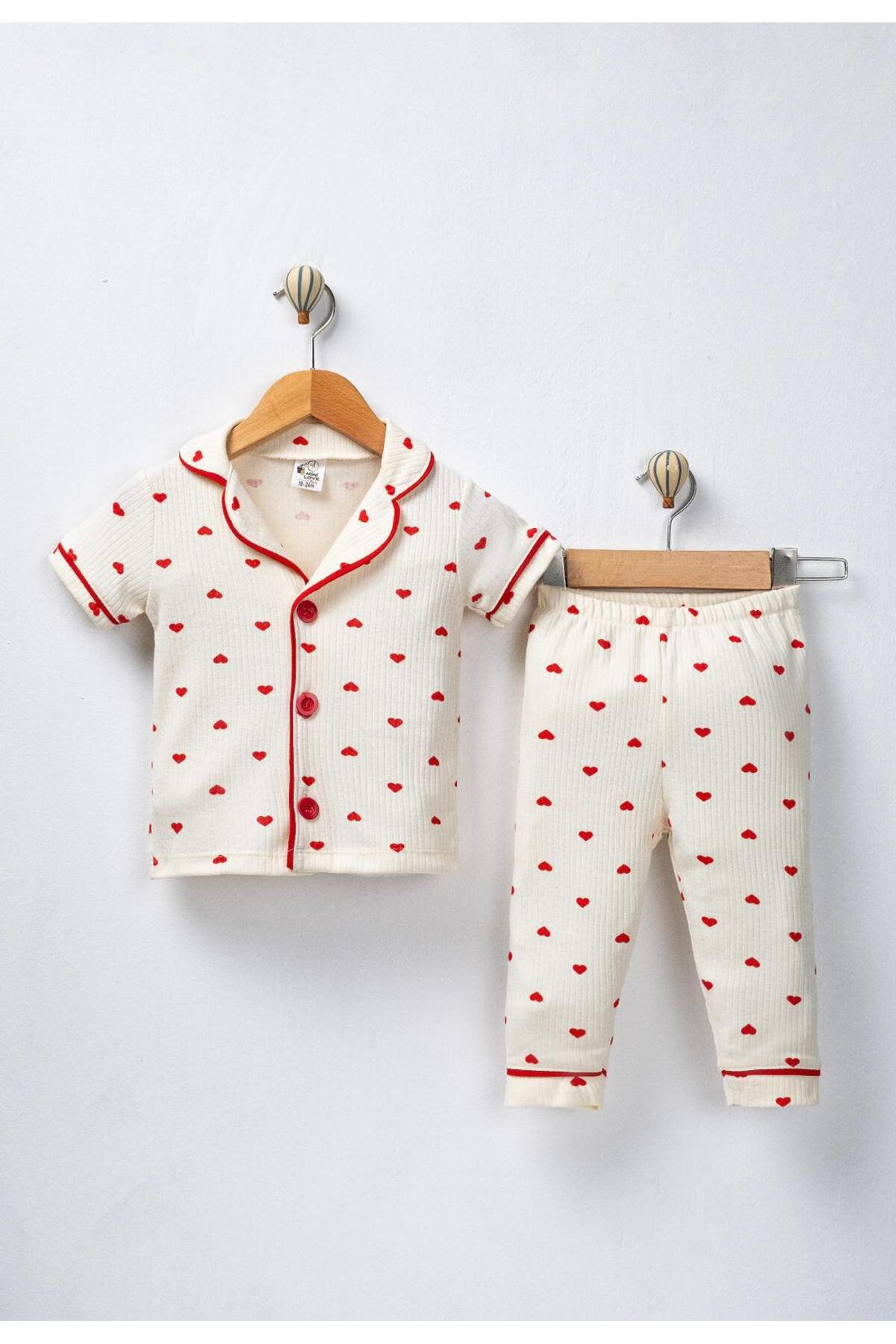 derin baby %100 Pamuk Kısa Kollu Düğmeli Yazlık Minik Kırmızı Kalpli Kız Bebek Çocuk Pijama Takımı fotoğrafı 2 (önizleme)