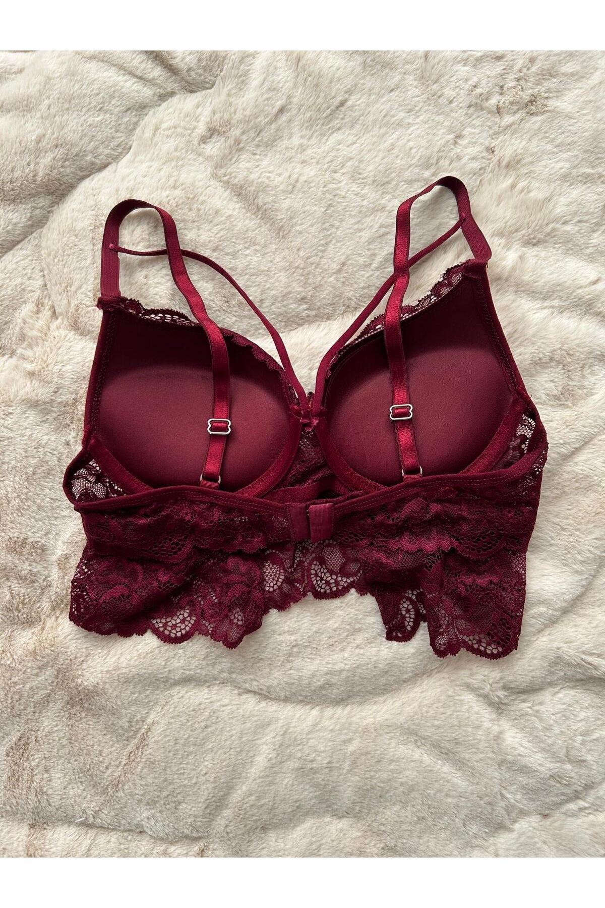 Genel Markalar ÖZEL SERİ İPEKSİ DOKUNUŞ Bordo Dolgulu Dantelli Bralet Sütyen Takımı görsel 2