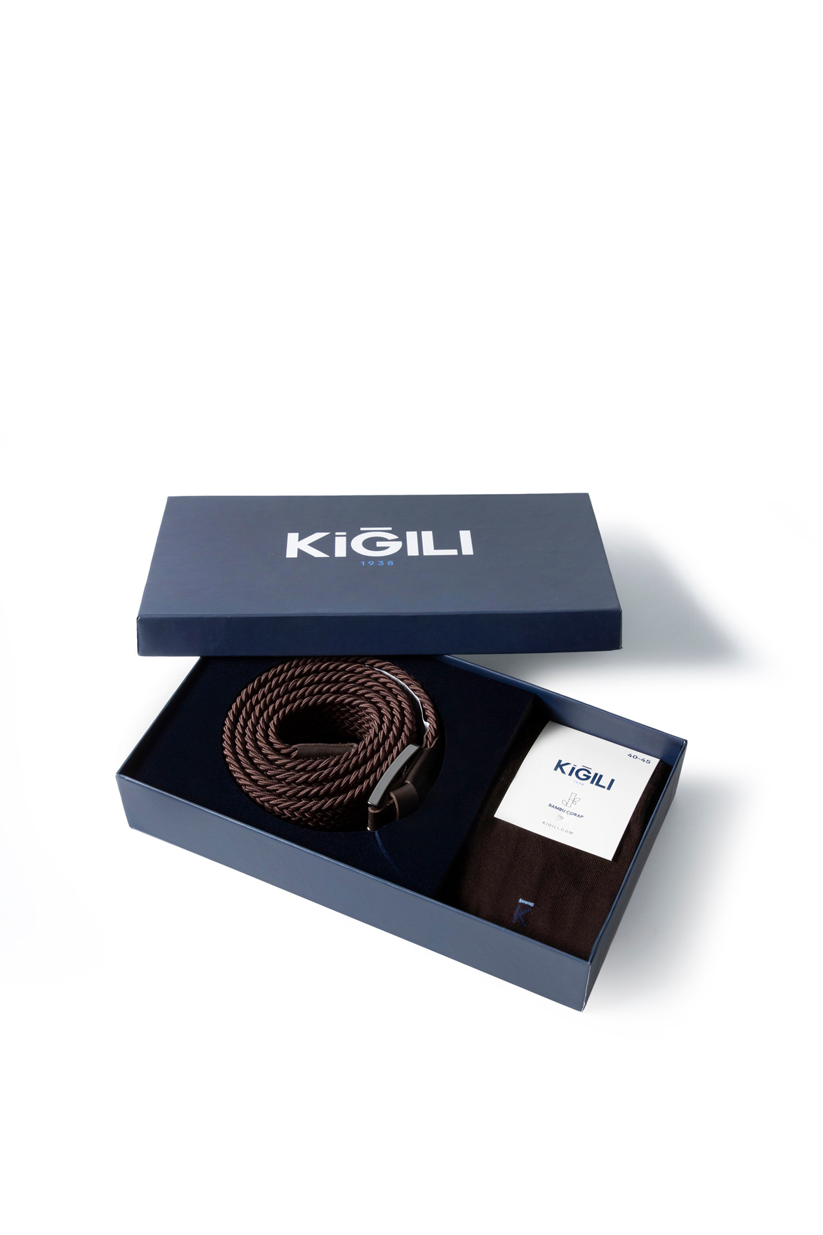 Kiğılı Likralı Esnek Spor Örgü Kemer & 2'li Bambu Çorap Hediye Kutulu Set
