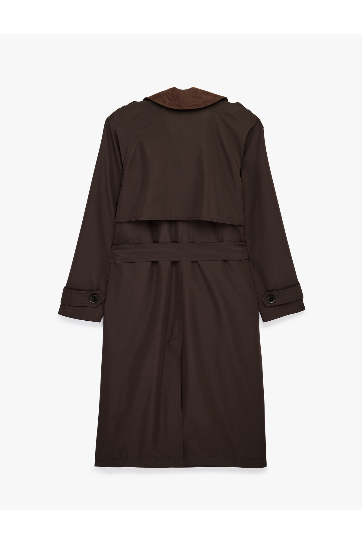 Koton Uzun Kollu Yakası Süet Görünümlü Kemerli Kruvaze Oversize Gabardin Trençkot görsel 6