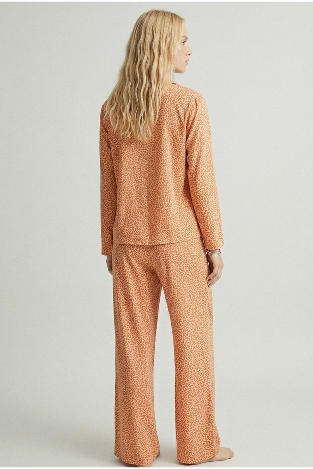 Siyah İnci  somon Leopar Baskılı Düğmeli Örme Pijama Takım 7611 - Görsel 3